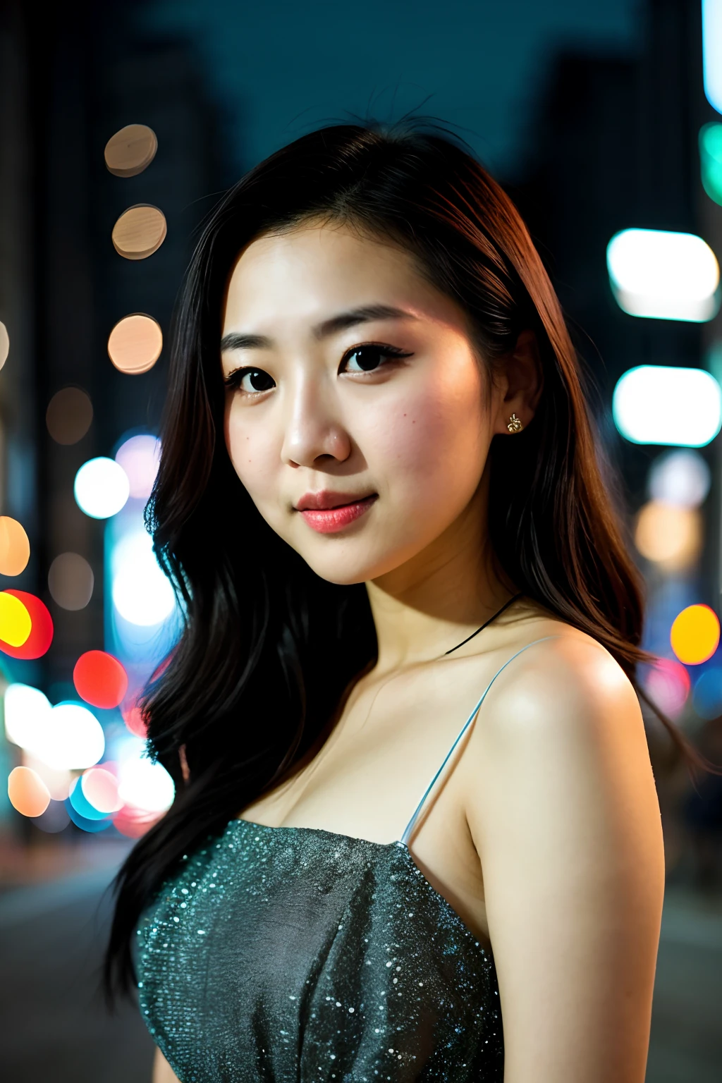 instagram photo, 18 y close-up headshots.Japan woman in dress, Beautiful face, makeup, Night City Street, Bokeh, Motion Blur