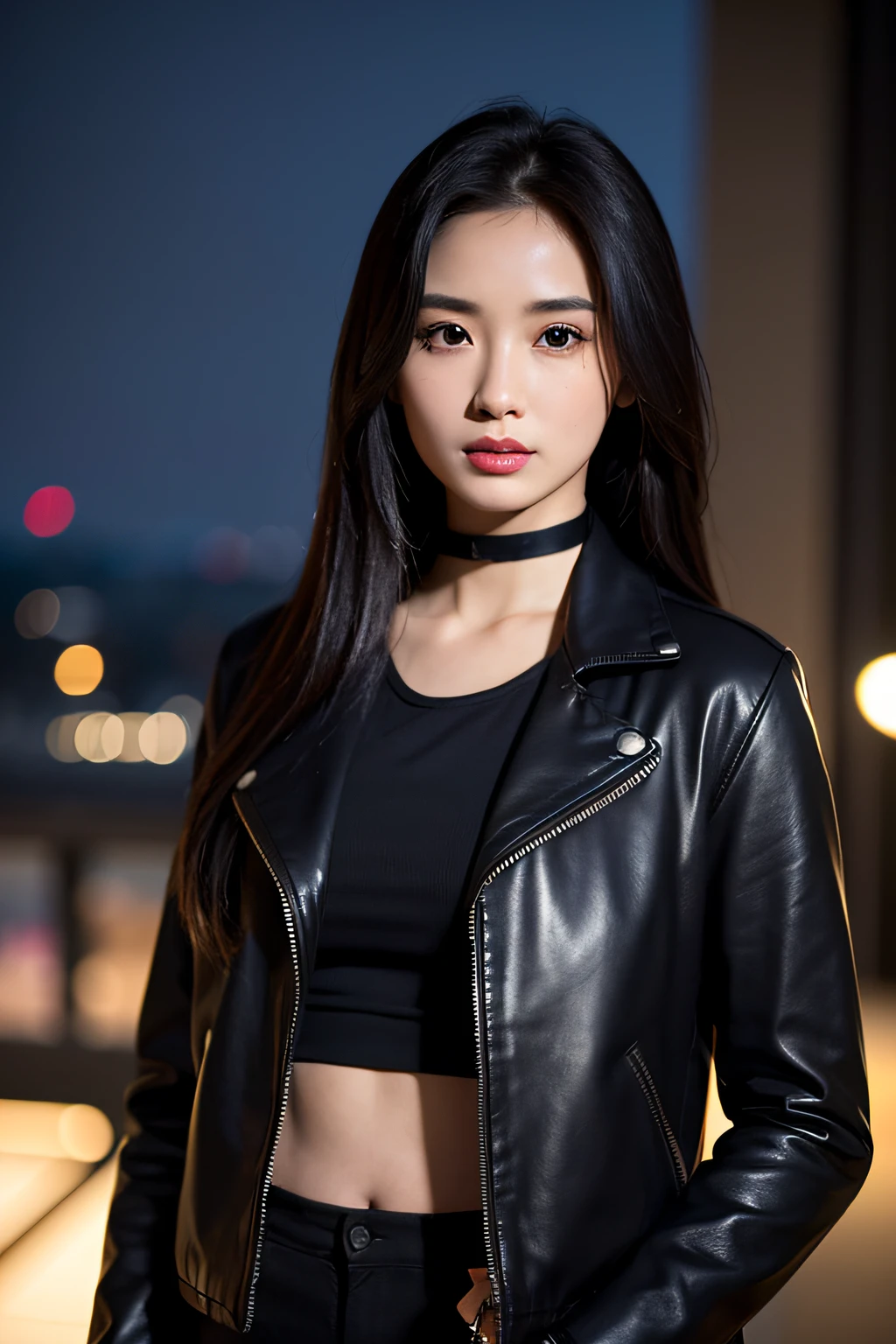 Upper body focus, portrait, Japanese girl, slightly tanned skin, 8k, highly detailed skin, brown almond eyes, (thin:1.2), feminine style, one girl, long straight black hair, black tank top, camera gaze, night cityscape, blurry background, midriff, red lips, (32 years old), (black leather jacket:1.2), black choker, black eyeliner, navel, (black clothes:1.2), (photorealistic:1.4), professional lightning,