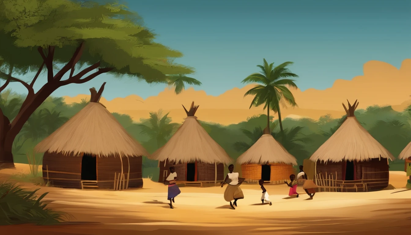 Prompt: Illustrate a serene African village with traditional thatched huts. Show children playing outdoors, incorporating African clothing and hairstyles.