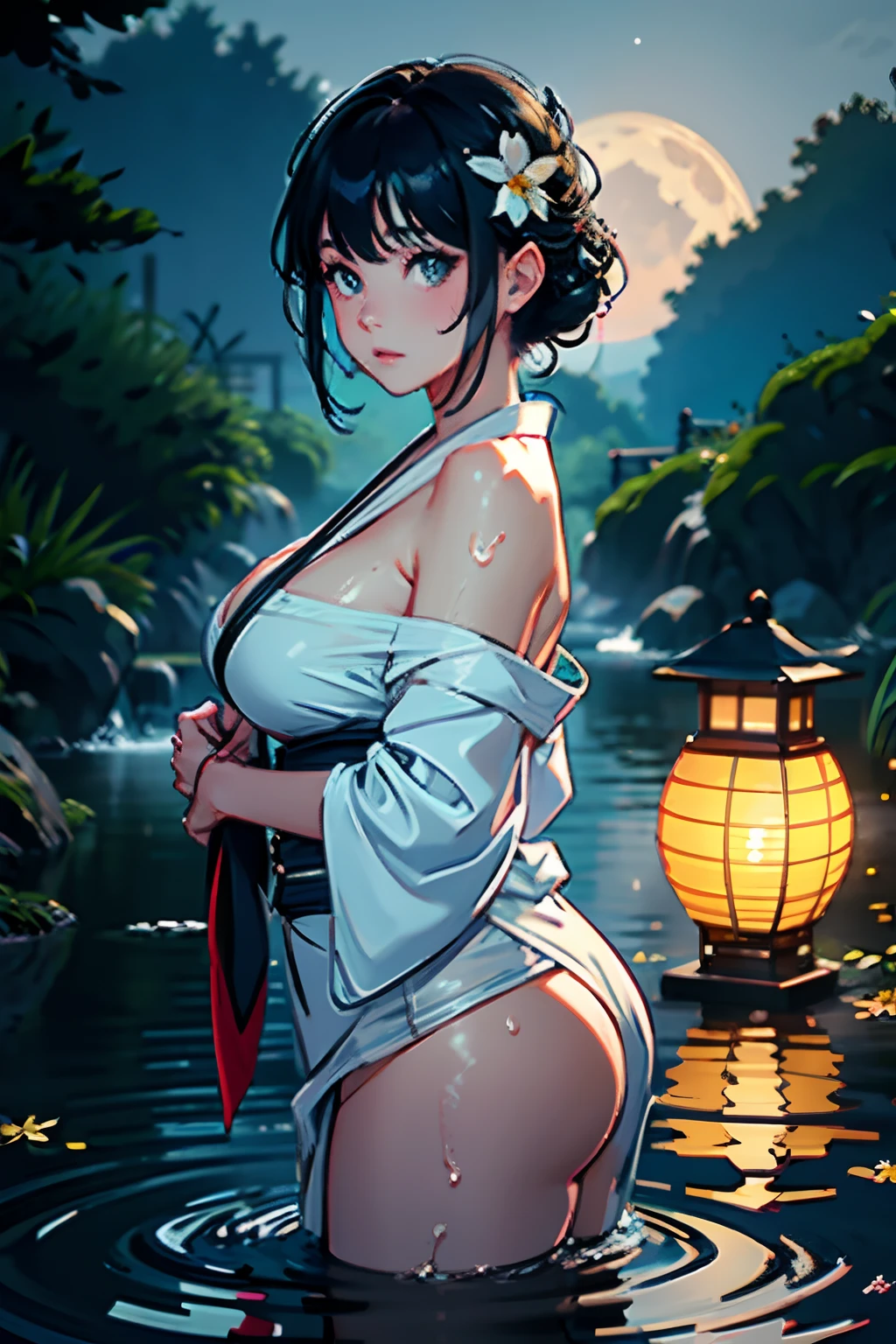 1girl, ???????, moon, lantern, night, solo, ?????????????, hair ornament, wet, kimono, japanese clothes, wading, water, hair flower, flower, outdoors, sky, full moon, rain, black hair, off shoulder, mountain, cloud, holding, sash, ???? shoulders, paper lantern, standing, white kimono, night sky, sideboob, obi, wet clothes, bangs, tree, from side, reflection, short hair, cloudy sky, wet hair (((masterpiece),(extremely detailed CG unity 8k wallpaper),best quality,,solo,1girl,cinematic lighting,detailed background,beautiful detailed eyes,bright pupils, (an extremely delicate and beautiful),(Beautiful and detailed eye description)， ultra-detailed,masterpiece,)),