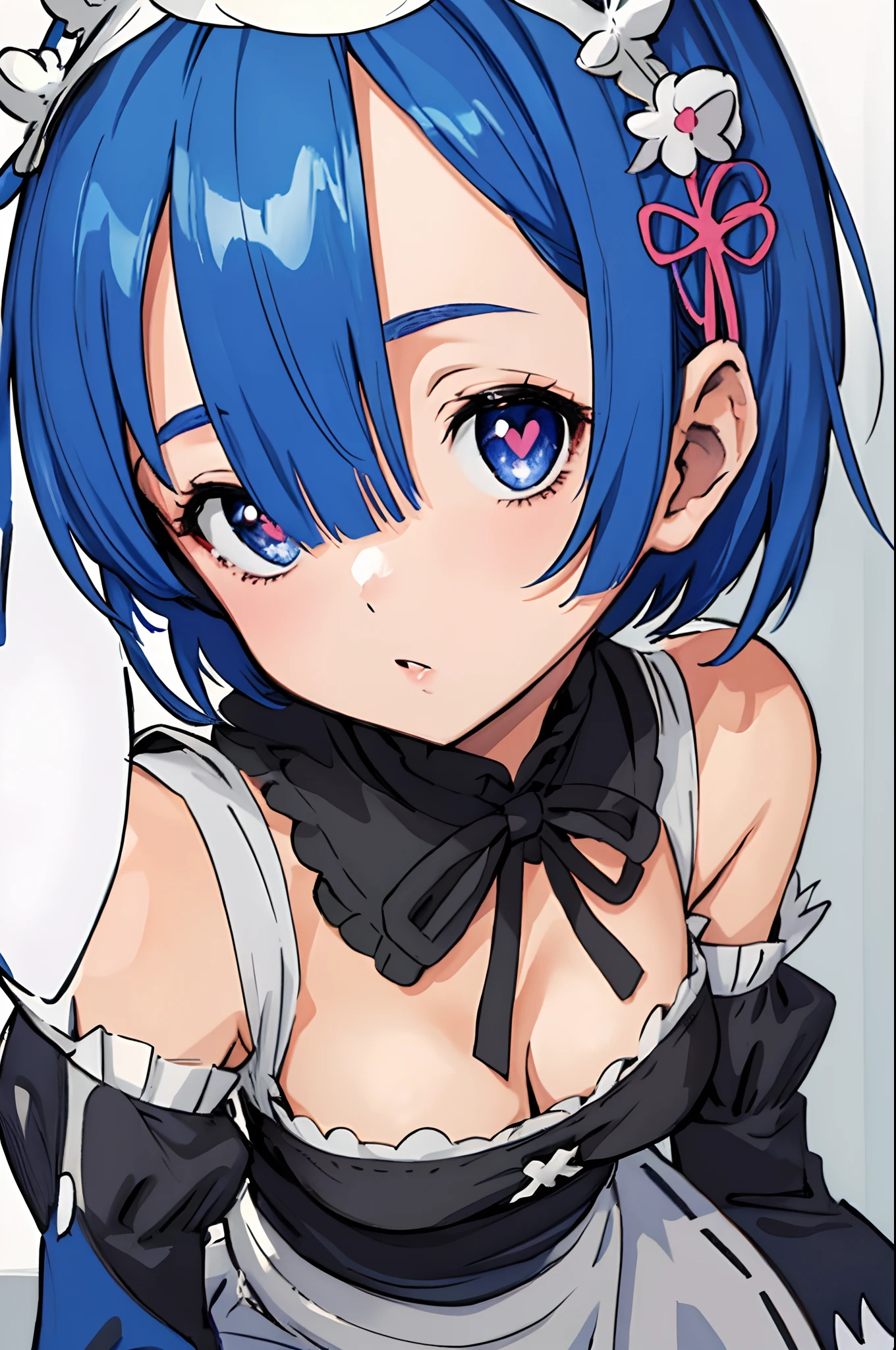 (masterpiece, best quality;1.3), ultra detailed, ooking at viewer, 
rem_re_zero, Facial close-up,blue hair, short hair, maid uniform, hair ornament, cleavage, maid headdress, detached sleeves, ribbon heart-shaped pupils