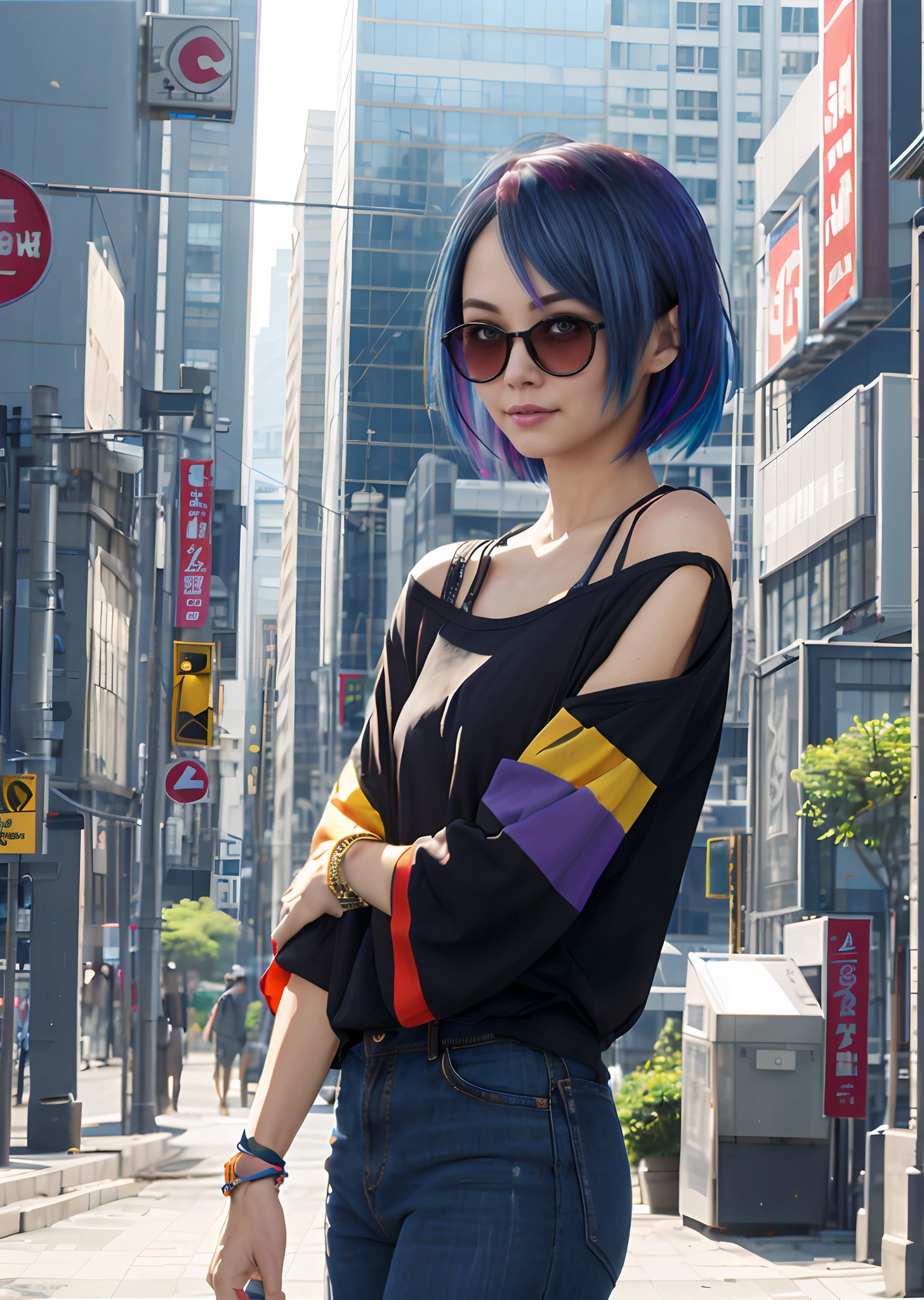 photos realistic、Super Real、femele、rainbow hair、Looking at the camera、short-hair、short-haired、Cyber City、Black clothe、a black skirt、Detailed backgrounds