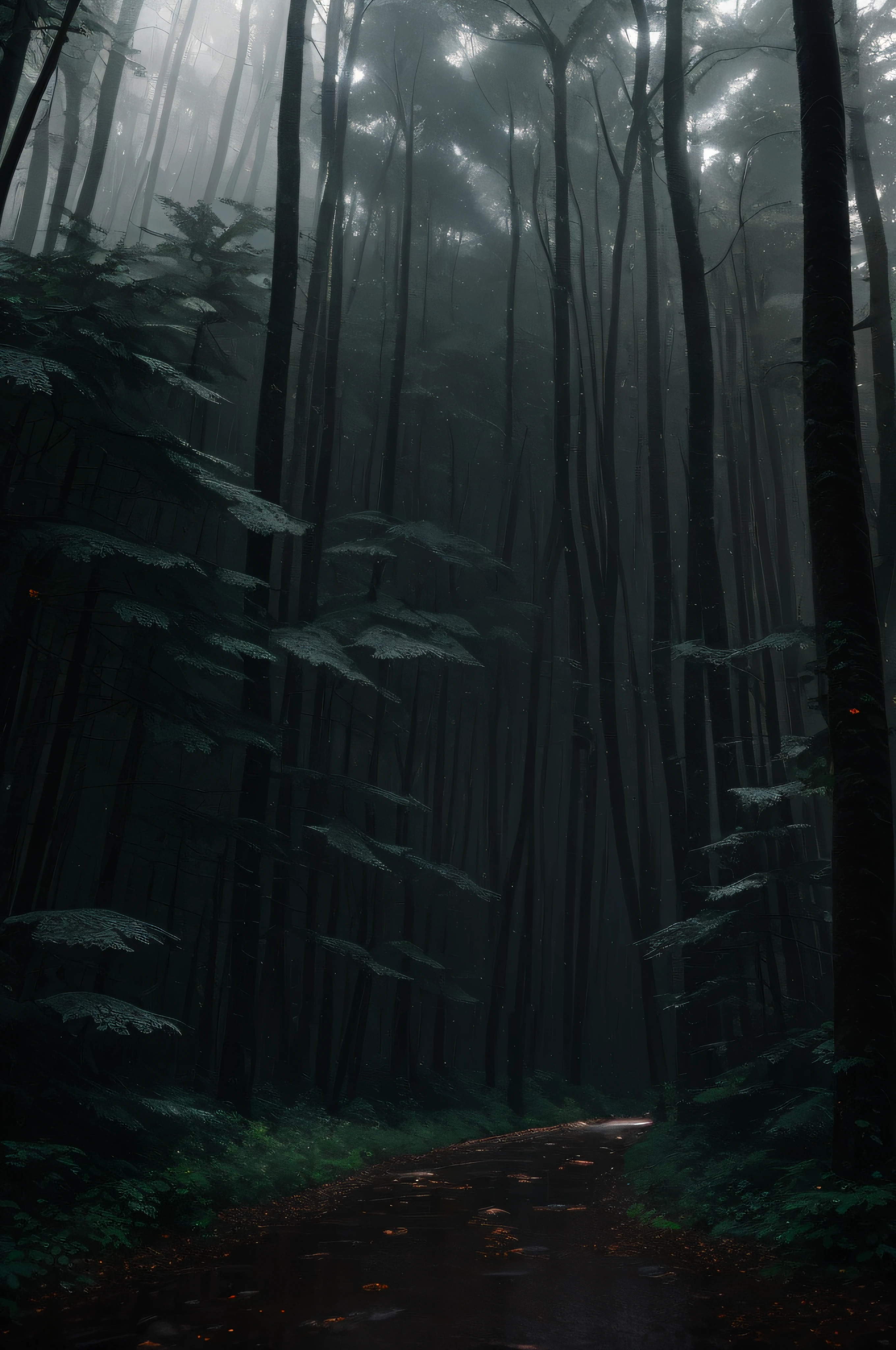 A dense forest in the midst of a heavy nighttime downpour, with raindrops cascading down the trees and thunder rumbling in the distance, masterpiece, best quality, high quality, extremely detailed CG unity 8k wallpaper, oil paiting, award winning photography, Bokeh, Depth of Field, HDR, bloom, Chromatic Aberration ,Photorealistic,extremely detailed, trending on artstation, trending on CGsociety, Intricate, High Detail, dramatic, art by midjourney, (volumetric lighting:1.2)