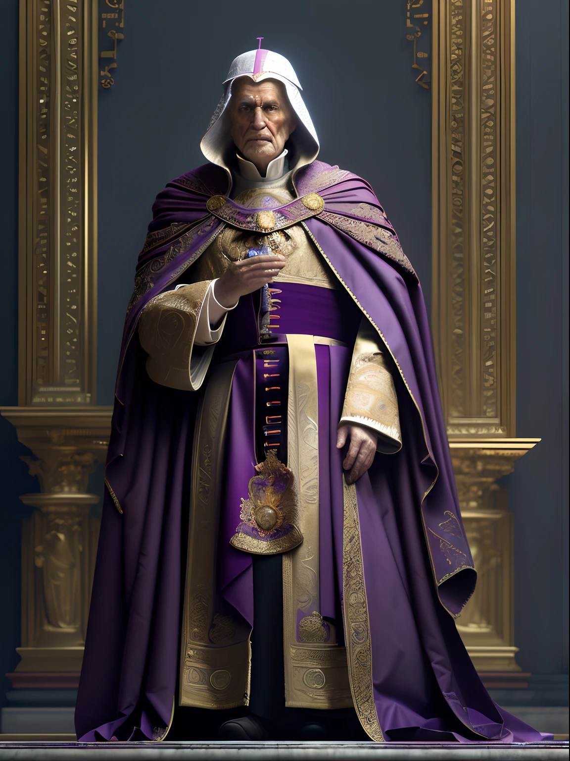 Solo, full-body photo, a low, tall old man (high cheekbones, gray eyebrows, deep eye sockets, few wrinkles, pointed beard, wearing purple and golden mage robes, draped in dark red cloak, head wearing a pope's ornate hat, holding a golden staff, pale skin), standing, background (ornate palace fantasy, intricate, elegant, highly detailed, digital painting, art station, concept art, soft, clear focus, illustration, artwork by Gaston Bussiere and Alphonse Mucha, panorama, UHD, masterpiece, ccurate, textured skin, super detail, high details, high quality, highres, best quality, award winning, 8k, cinematic lighting