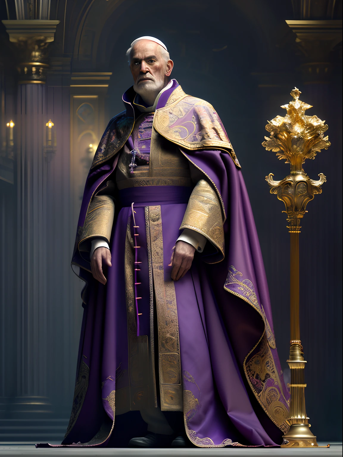 Solo, full-body photo, a low, tall old man (high cheekbones, gray eyebrows, deep eye sockets, few wrinkles, pointed beard, wearing purple and golden mage robes, draped in dark red cloak, head wearing a pope's ornate hat, holding a golden staff, pale skin), standing, background (ornate palace fantasy, intricate, elegant, highly detailed, digital painting, art station, concept art, soft, clear focus, illustration, artwork by Gaston Bussiere and Alphonse Mucha, panorama, UHD, masterpiece, ccurate, textured skin, super detail, high details, high quality, highres, best quality, award winning, 8k, cinematic lighting