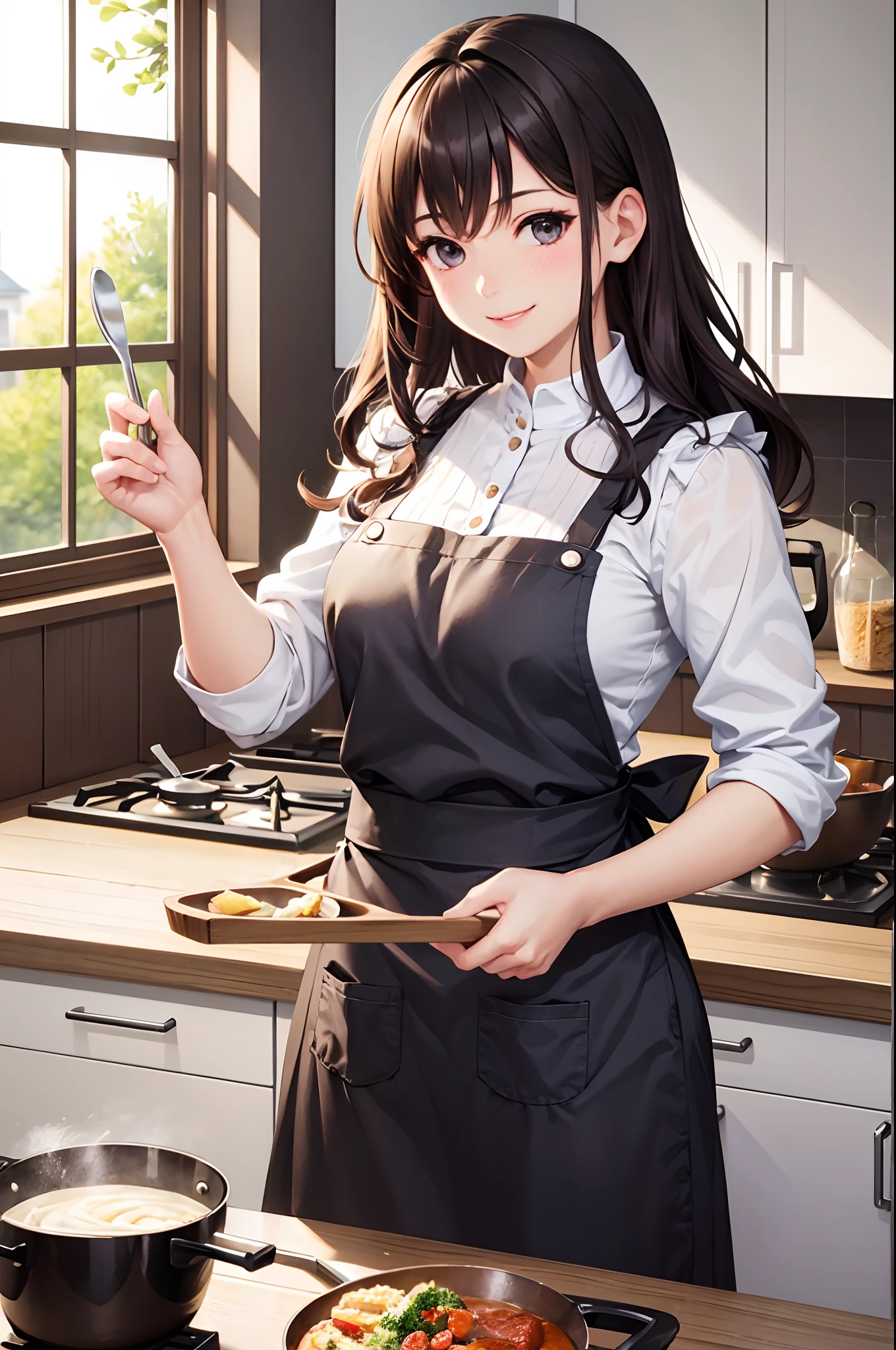 （top-quality）、Girl in apron while cooking、kitchin、Wavy Hair、Apron、Pretty girl with a smile、cafes