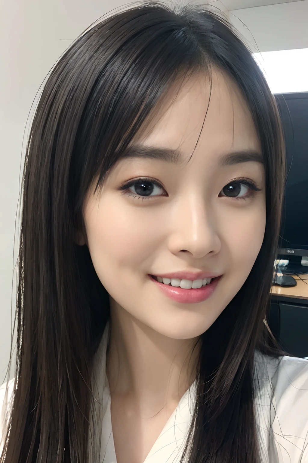 A hyper-realistic、hight resolution、8k wallpaper、ighly detailed、Best Illustration、beautifully detailed eyes、top-quality、ultra-detailliert、masterpiece、A detailed face、独奏、1 girl in、looking at the viewers、A detailed face、in the darkness nigth、A smile、bobhair、short-hair、straight haired、The upper part of the body、Wearing an office shirt