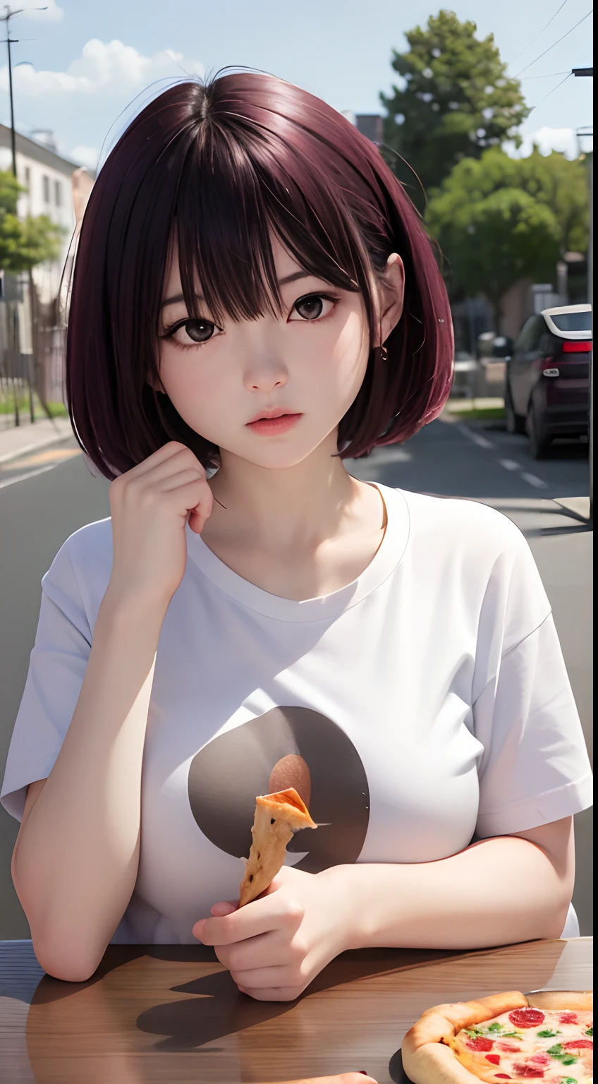 masterpiece, best quality, absurdres, perfect anatomy, 1girl, solo, Kanade Suzu, short hair, t-shirt, eating, table, upper body, pizza, happy, lamp, outdoors, street, lamppost, huge breast