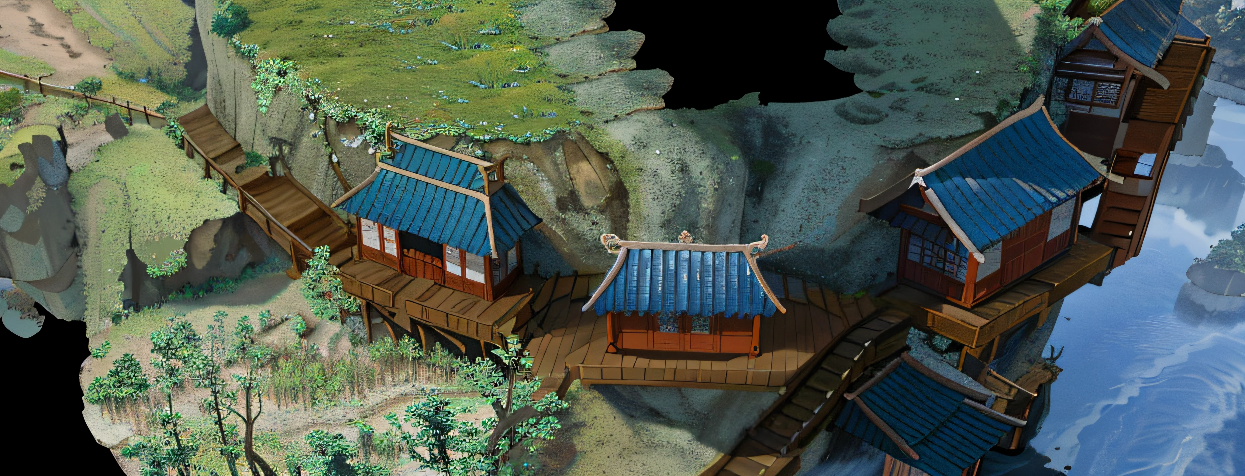 There are three chalets on a small island, Beautiful rendering of the Tang Dynasty, 2d game environment design, detailed scenic view, rpg game environment asset, Anime landscape concept art, 3 d stylize scene, stylized as a 3d render, very detailed render, stylized 3d render, Japanese village, game assets, isometric 3d render, Complex detailed environment