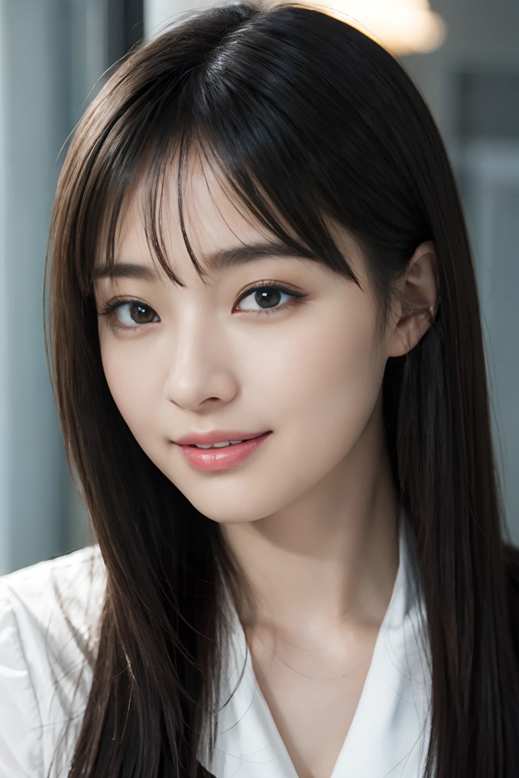 A hyper-realistic、hight resolution、8k wallpaper、ighly detailed、Best Illustration、beautifully detailed eyes、top-quality、ultra-detailliert、​masterpiece、A detailed face、独奏、1 girl in、looking at the viewers、A detailed face、in the darkness nigth、A smile、bobhair、short-hair、straight haired、The upper part of the body、Wearing an office shirt