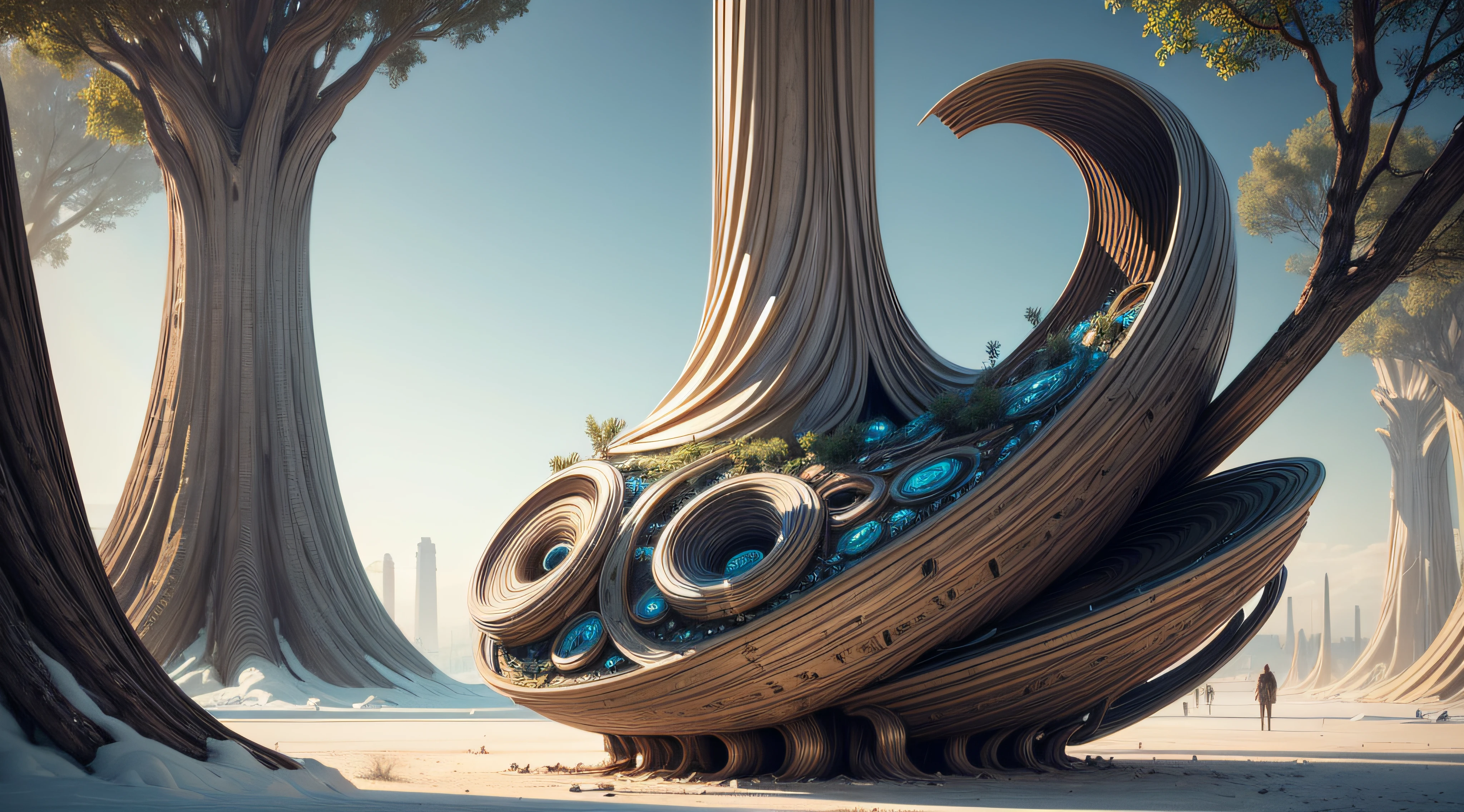 An abstract sculpture made from metallic materials, resembling an otherworldly tree with a spiraled shell trunk. This unique art piece represents the intersection of organic and alien aesthetics, suggesting the beauty of undiscovered life forms.