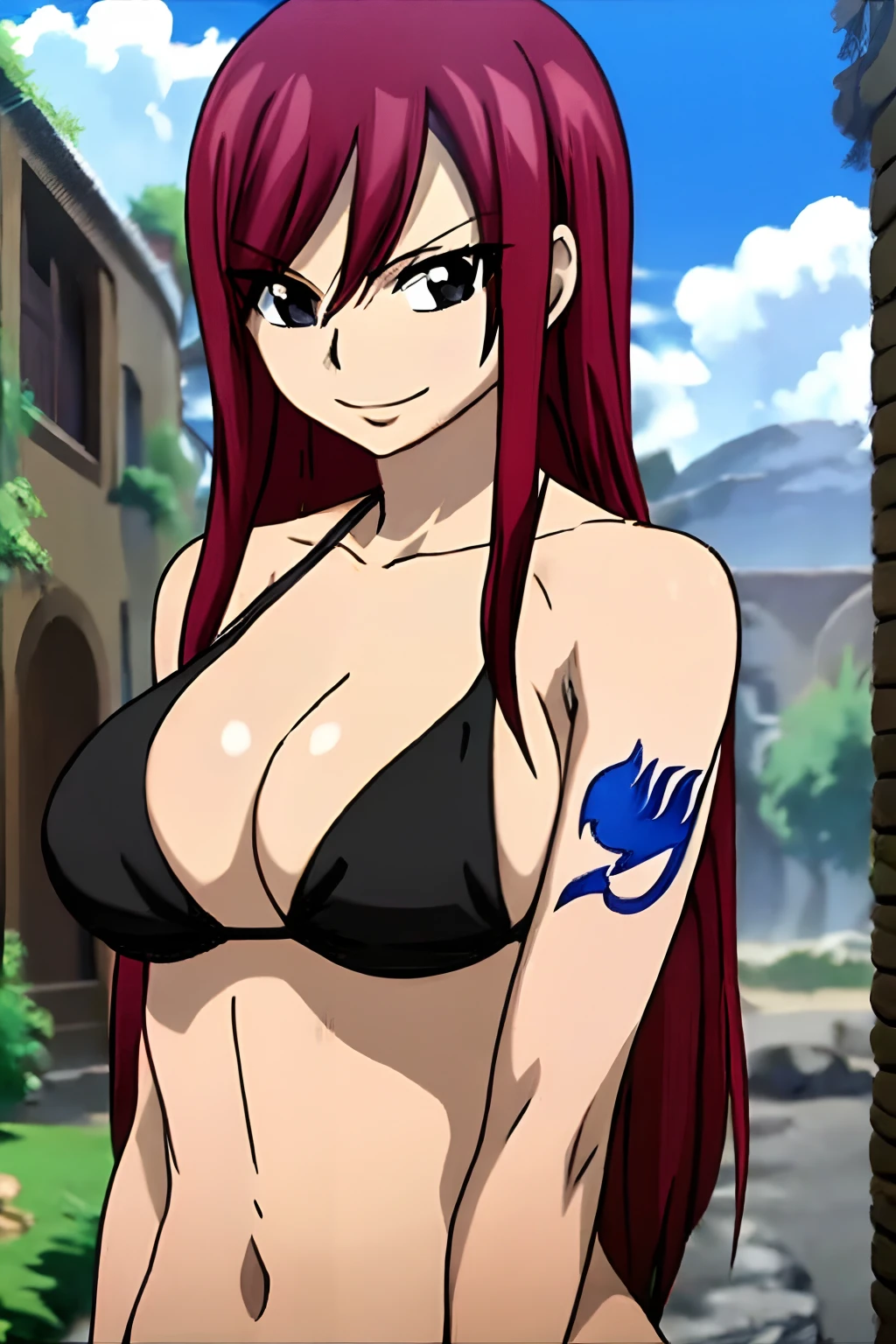 Scarlet erza, (tiny black bikini only), adult woman, big breasts, standing, cowboy shot, best quality, ((right shoulder)), slightly strong arms, looking at viewer, left shoulder tattoo, big smile, perfect body