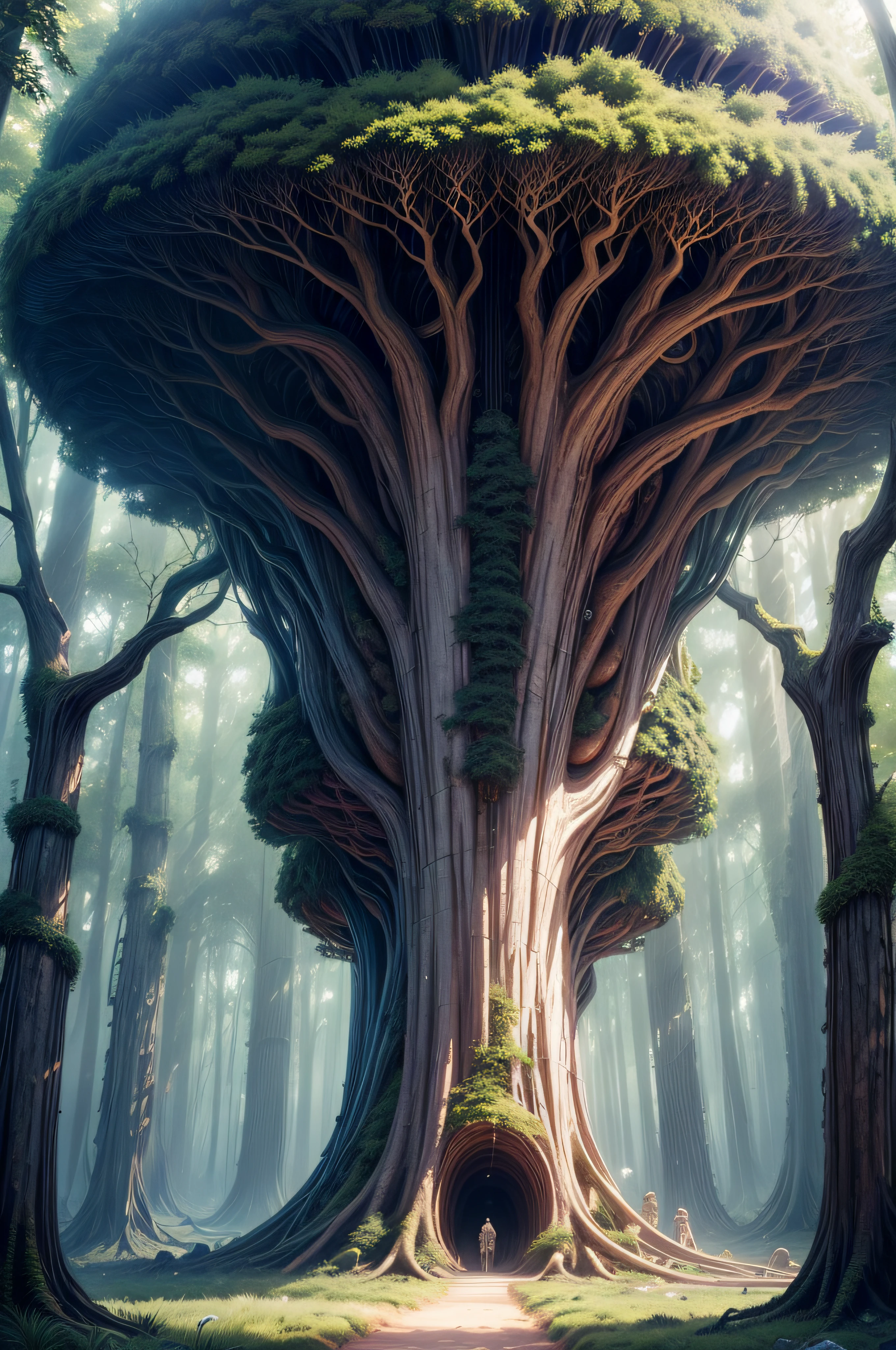 A science fiction short story set on a distant planet, where explorers discover a colossal "alien song tree" deep within a lush forest. Its gigantic shell-like trunk resonates with hauntingly beautiful melodies that seem to tell the history of the cosmos.