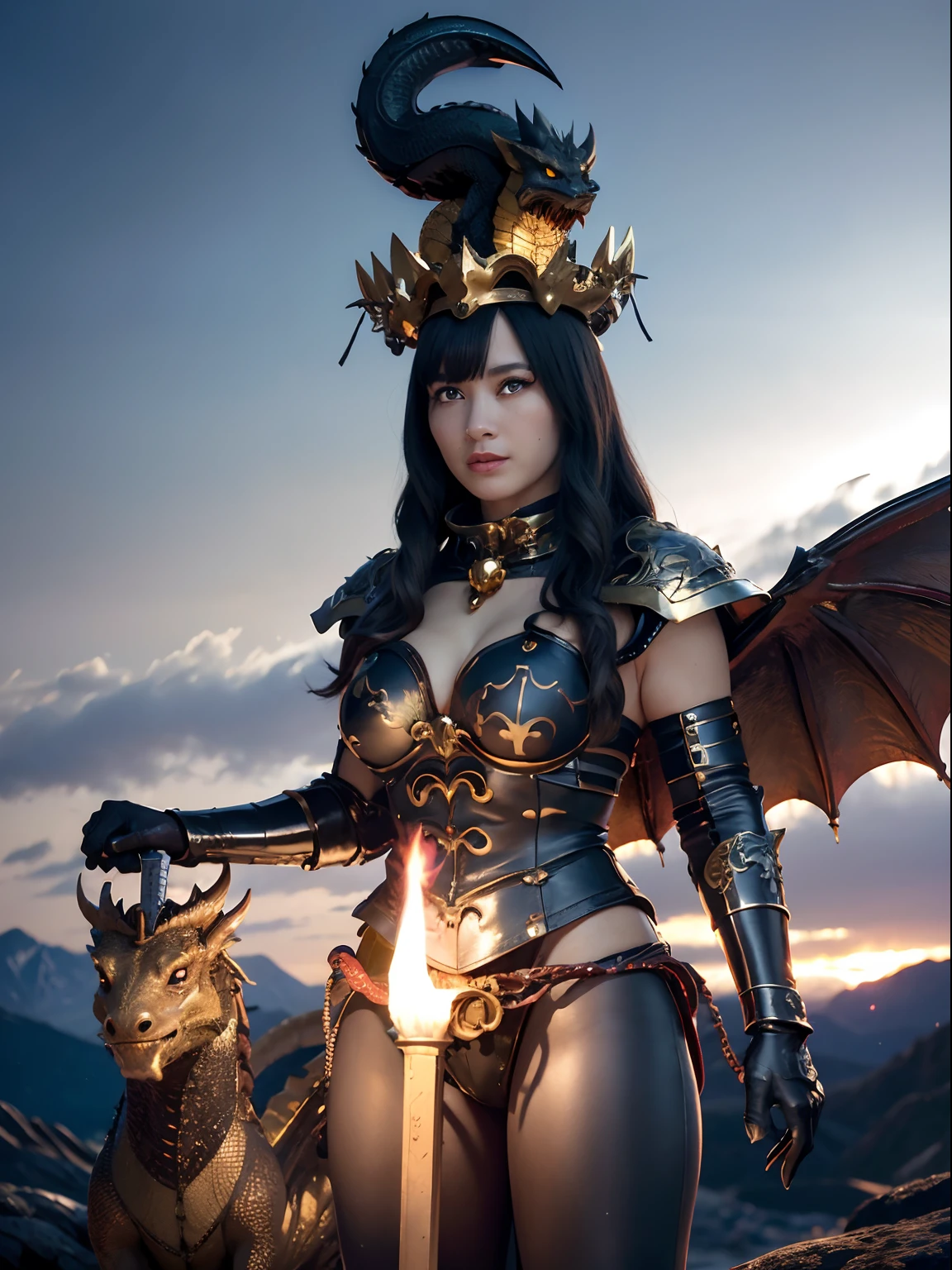 Professional , masterpiece、top-quality、photos realistic , depth of fields 、(Dragon Black Metal Body:1.9),(Matte Blue Black、(Night World)、(cleavage of the breast)、Dragon Gold Weapon、(Micro Bikini Armor:1.4),Mystical expression、Gorgeous gold weapons ,(Fight dragons)、Seductive look、(( Dragon's dense and gorgeous sword)) , (demonic wings) ,Detail and gorgeous crown、((a blond))、(Castle background)、((Gangle's forest background))、Beautiful Caucasian beauty、1a person、dynamic ungle,(((Detailed and ornate dragon helmet)))、Smaller head、A smile、Castle background、Thin and beautiful female hands、cleavage of the breast、Soldier in iron armor on background、Mystical expression、Light Effects、intense fighting、Wind-effect、magic circles、With the legendary magic wand、Dragon's tail、fight、
