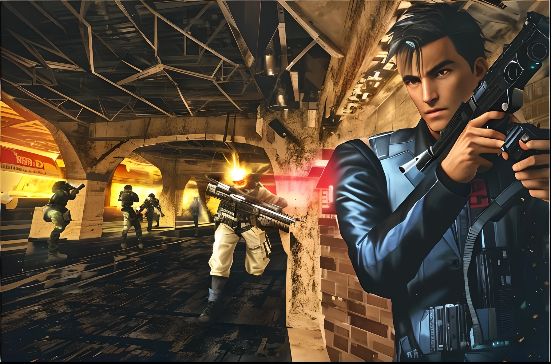 realisticlying，In the scene of the video game there is a man with a gun, twilight, fps shooter game, videogame screenshot, There are enemies in the scene, An enemy is shooting