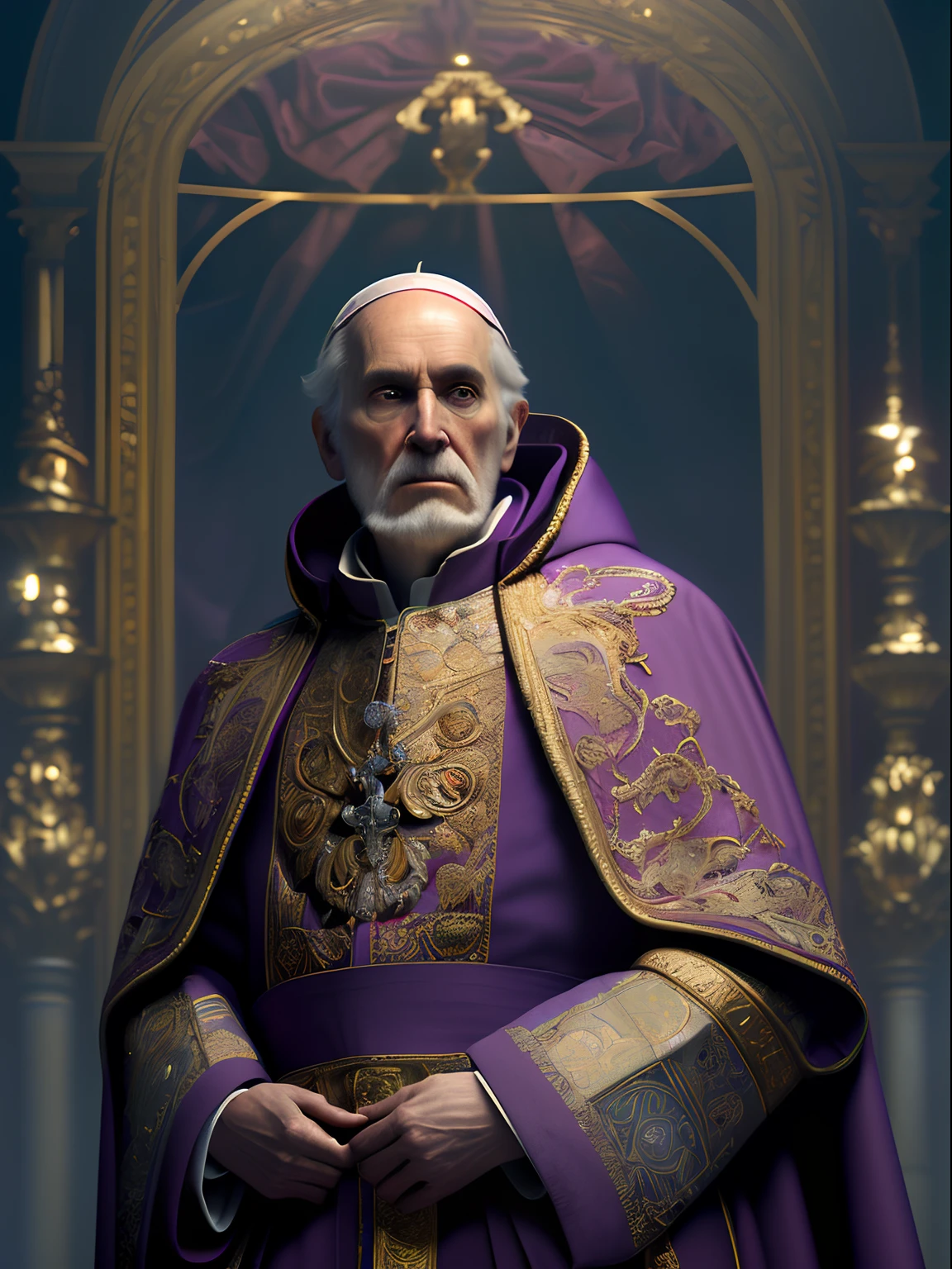 Solo, full-body photo, a low, tall old man (high cheekbones, gray eyebrows, deep eye sockets, few wrinkles, pointed beard, wearing purple and golden mage robes, draped in dark red cloak, head wearing a pope's ornate hat, holding a golden staff, pale skin), standing, background (ornate palace fantasy, intricate, elegant, highly detailed, digital painting, art station, concept art, soft, clear focus, illustration, artwork by Gaston Bussiere and Alphonse Mucha, panorama, UHD, masterpiece, ccurate, textured skin, super detail, high details, high quality, highres, best quality, award winning, 8k, cinematic lighting