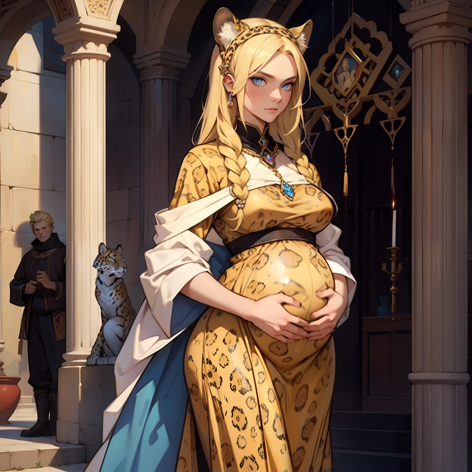 Leopard Woman. Medieval art. Blue Eyes. Blonde Hair. Pregnant. Leopard ears. Alone