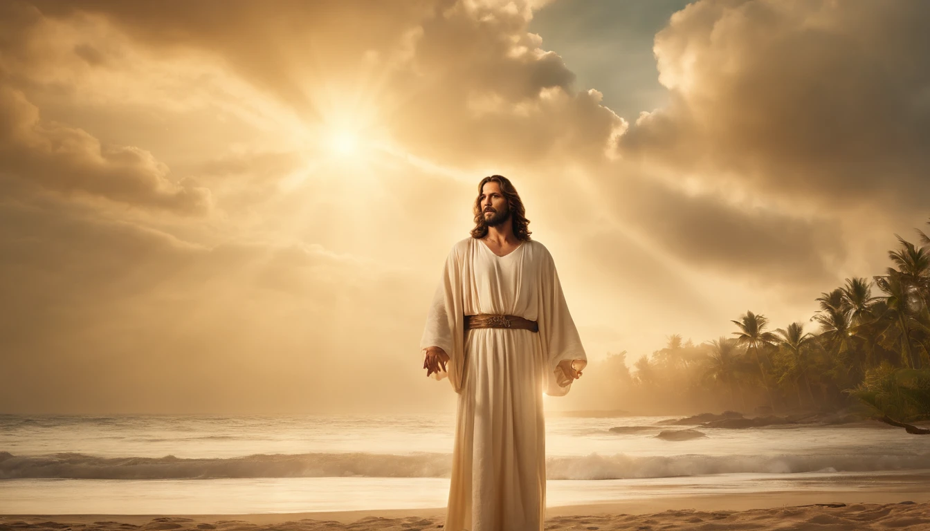 (highres,masterpiece:1.2),detailed portrait of Jesus Christ descending from the heavens amidst clouds,angels playing harps on the beach,portraits,realistic,soft golden lighting,warm color tones,sparkling waves,heavenly atmosphere,detailed facial features,sacred aura,serene expression,sacred robes,outstretched arms,halo,angelic wings,harmonious composition,peaceful and divine scenery,lush green palm trees,sandy shore,ethereal glow,sun rays piercing through clouds