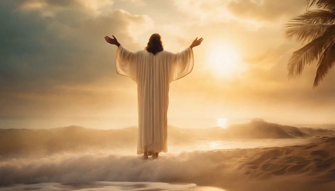 (highres,masterpiece:1.2),detailed portrait of Jesus Christ descending from the heavens amidst clouds,angels playing harps on the beach,portraits,realistic,soft golden lighting,warm color tones,sparkling waves,heavenly atmosphere,detailed facial features,sacred aura,serene expression,sacred robes,outstretched arms,halo,angelic wings,harmonious composition,peaceful and divine scenery,lush green palm trees,sandy shore,ethereal glow,sun rays piercing through clouds