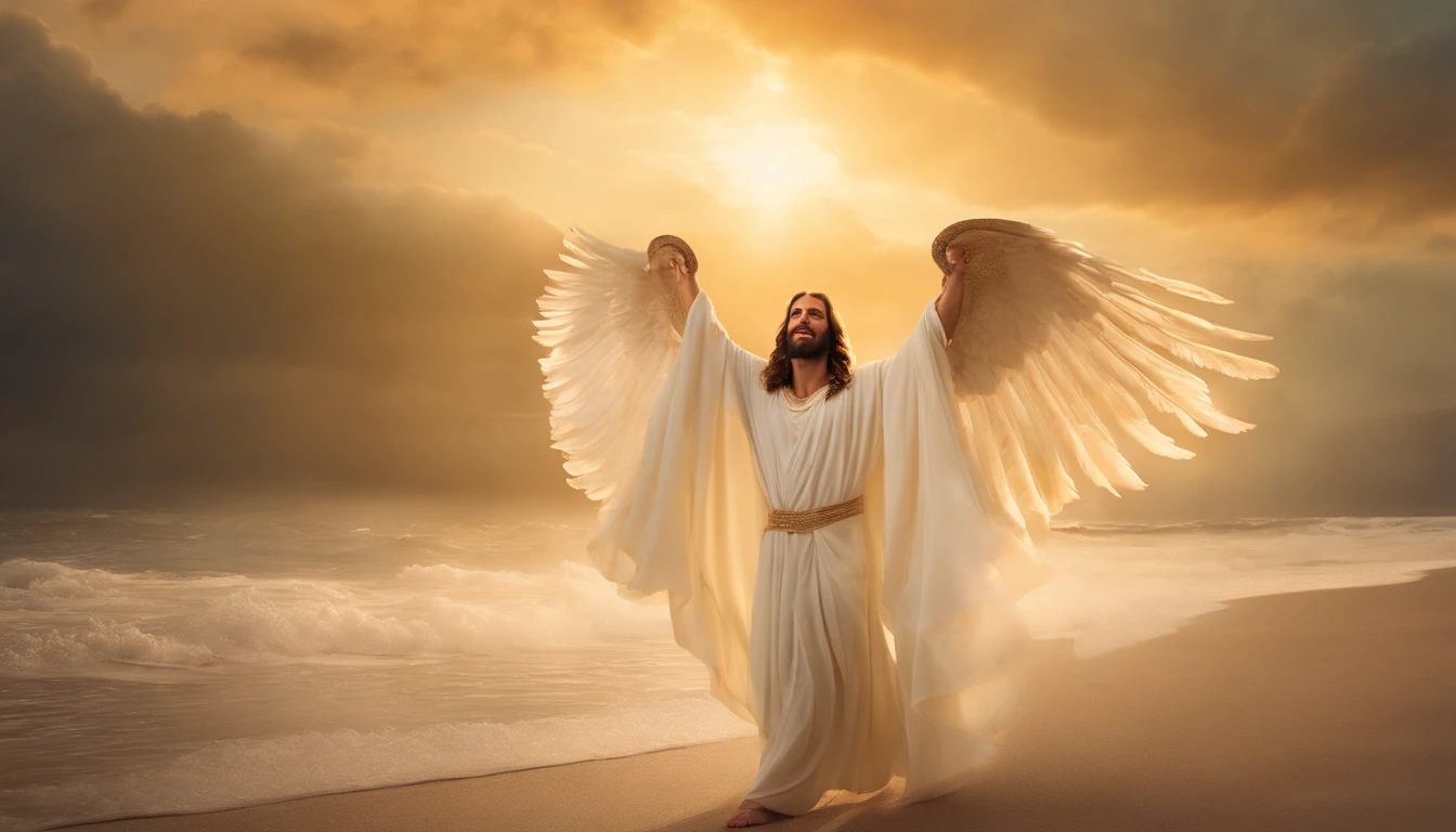 (highres,masterpiece:1.2),detailed portrait of Jesus Christ descending from the heavens amidst clouds,angels playing harps on the beach,portraits,realistic,soft golden lighting,warm color tones,sparkling waves,heavenly atmosphere,detailed facial features,sacred aura,serene expression,sacred robes,outstretched arms,halo,angelic wings,harmonious composition,peaceful and divine scenery,lush green palm trees,sandy shore,ethereal glow,sun rays piercing through clouds