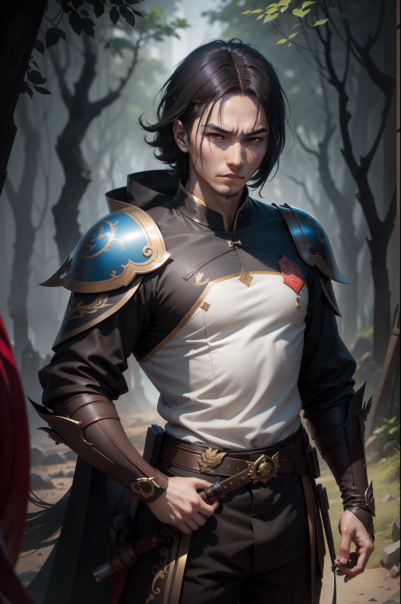 Young super handsome man holding a Japan sword15Prince of God 15Year Old Boy Prince Black hair short bob Young handsome prince with dark eyes Metallic black and red Japan special exterior and costume glareing Gritting your teeth and getting angry Flowing sweat in woods life-like8K-High Resolution realistic background Clear background a picture wojtek fus, by Yang J, inspired by Yanjun Cheng, Inspired by Adrian Zing, wlop and ross tran, yangjun chen, chengwei pan on artstation, cgsociety and fenghua zhong, Gwaitz-inspired artwork Vojtek FUS, by Yang J, inspired by Yanjun Cheng, Inspired by Adrian Zing, wlop and ross tran, yangjun chen, chengwei pan on artstation, cgsociety and fenghua zhong, artwork in the style of guweiz unrealengine