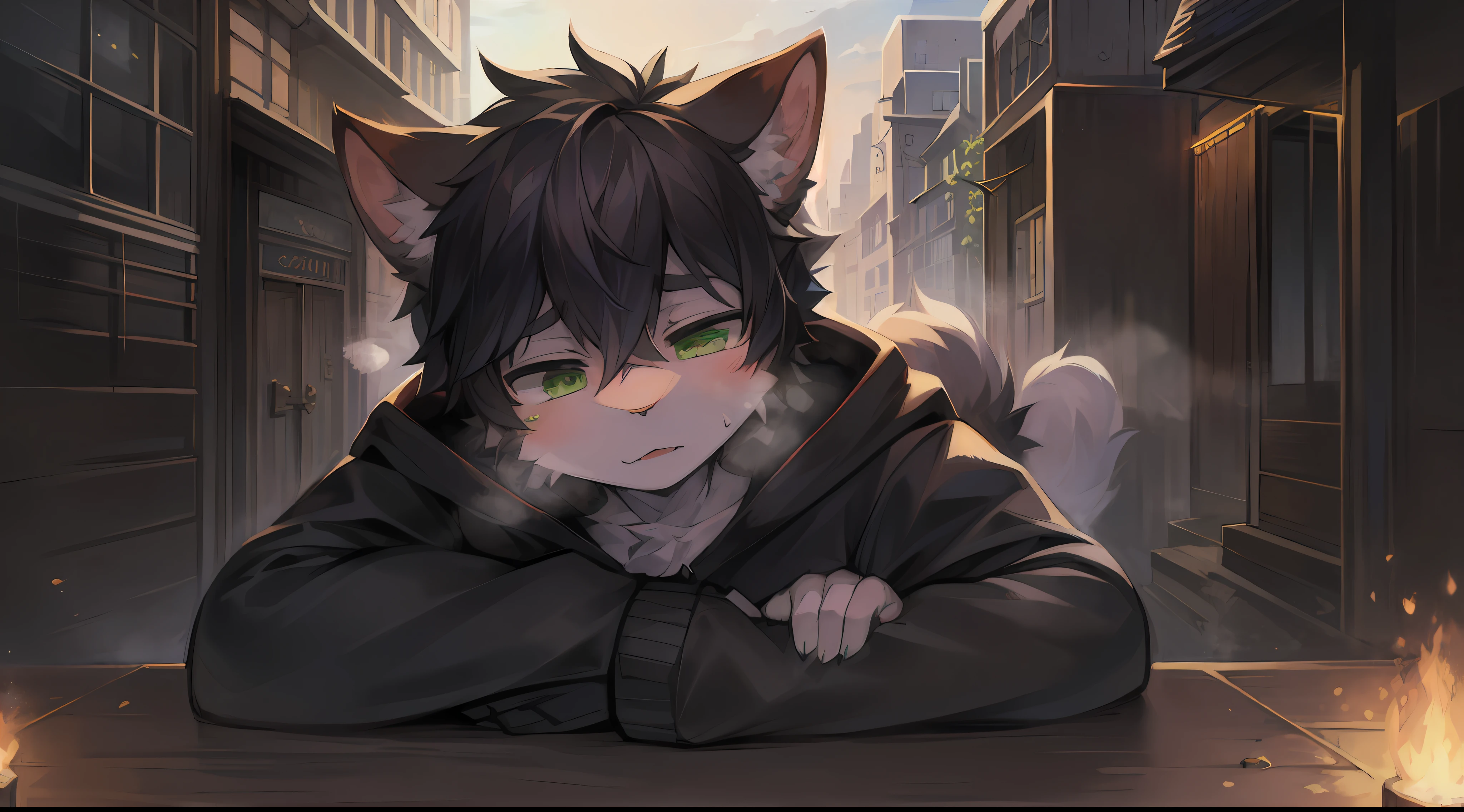 solo dance,1boys,anthro,shaggy_Male,Kittens_male  boy,(the black_furred),tuft,oiled_skin,Cat tail,cat ear，Short_Hair,Green_Eyes,Black_Hair,Shorts,Hoodie, Haut du corps_body_Close-up，cowbow_Shot，half-closed_Eyes，Expressionlessly，rough breath，Looking_au_Os espectadores。 (cozily_Childhood_wimmelbild:1.5)，citys，streets，独奏，shortsleeves，horizon，resting，AOEU，AOEU