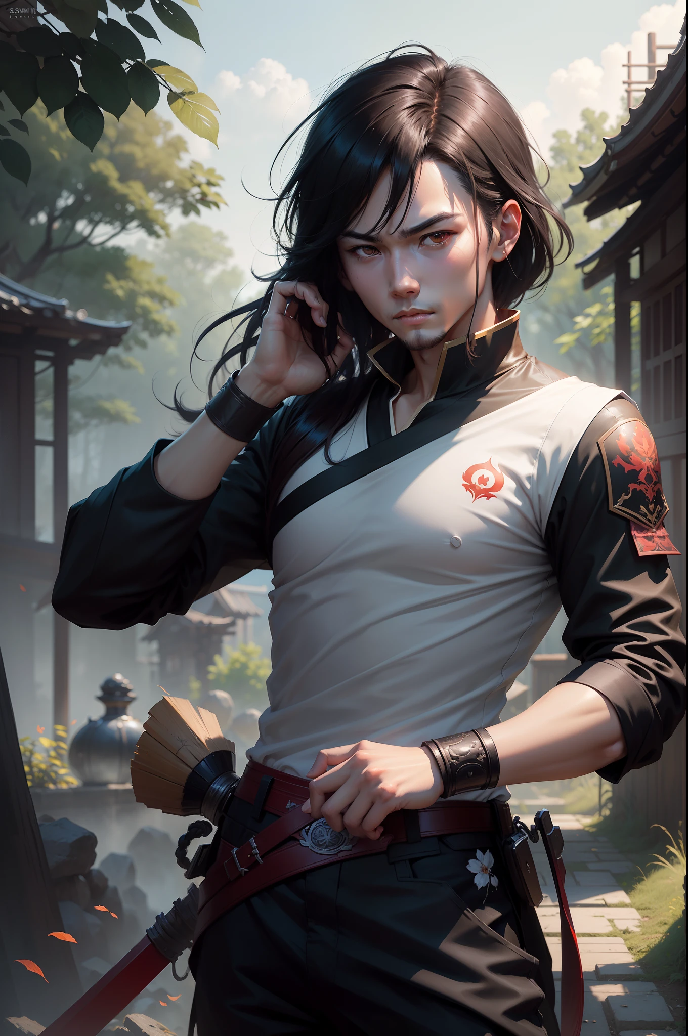 Young super handsome man holding a Japan sword１５Prince of God　１５Year Old Boy Prince　Black hair short bob　Young handsome prince with dark eyes　Metallic black and red Japan special exterior and costume　glareing　Gritting your teeth and getting angry　Flowing sweat　in woods　life-like８K-High Resolution　realistic background　Clear background　a picture　wojtek fus, by Yang J, inspired by Yanjun Cheng, Inspired by Adrian Zing, wlop and ross tran, yangjun chen, chengwei pan on artstation, cgsociety and fenghua zhong, Gwaitz-inspired artwork Vojtek FUS, by Yang J, inspired by Yanjun Cheng, Inspired by Adrian Zing, wlop and ross tran, yangjun chen, chengwei pan on artstation, cgsociety and fenghua zhong, artwork in the style of guweiz　unrealengine