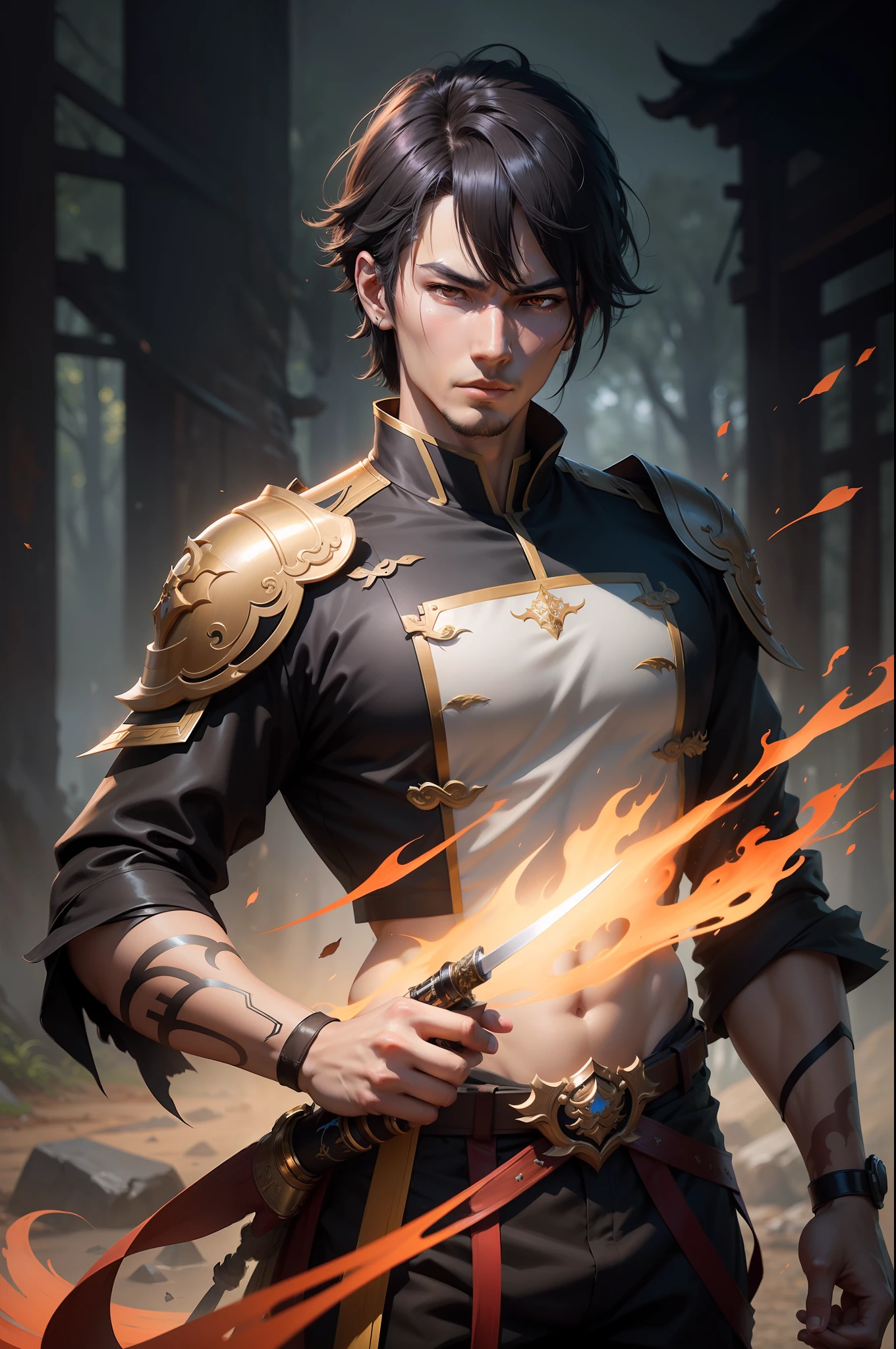 Super handsome boy holding a Japan sword１５Prince of God　１５Year Old Boy Prince　Black hair short bob　Young handsome prince with dark eyes　Metallic black and red Japan special exterior and costume　glareing　Gritting your teeth and getting angry　Flowing sweat　in woods　life-like８K-High Resolution　realistic background　Clear background　a picture　wojtek fus, by Yang J, inspired by Yanjun Cheng, Inspired by Adrian Zing, wlop and ross tran, yangjun chen, chengwei pan on artstation, cgsociety and fenghua zhong, Gwaitz-inspired artwork Vojtek FUS, by Yang J, inspired by Yanjun Cheng, Inspired by Adrian Zing, wlop and ross tran, yangjun chen, chengwei pan on artstation, cgsociety and fenghua zhong, artwork in the style of guweiz　unrealengine