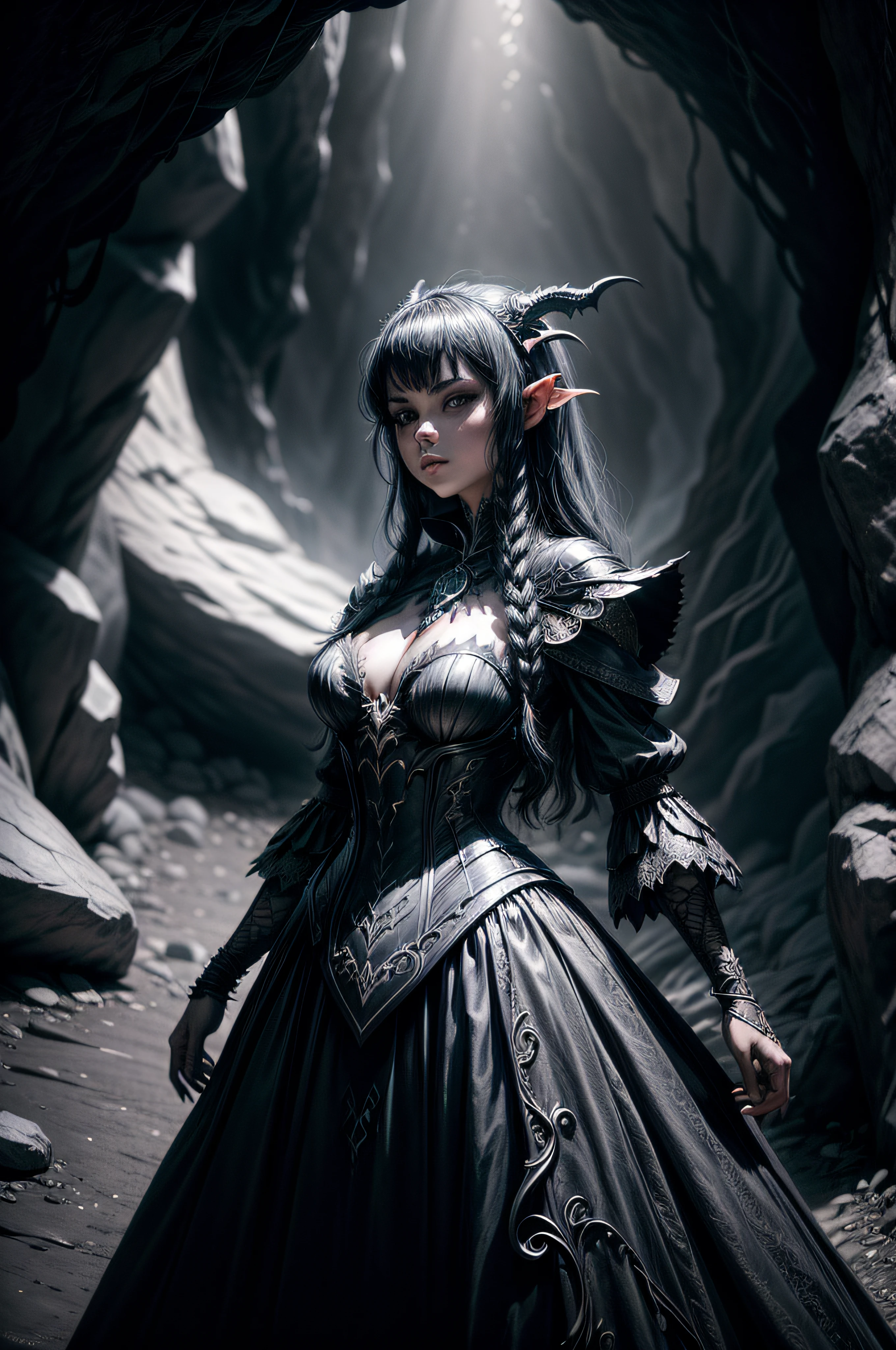 A dark and moody photograph of a cosplayer in an elaborate "Dragon Girl Master" costume, posed dramatically at the entrance of a natural cave, with shadows and light playing off the contours of the rocky cavern, creating an aura of mystery and allure.