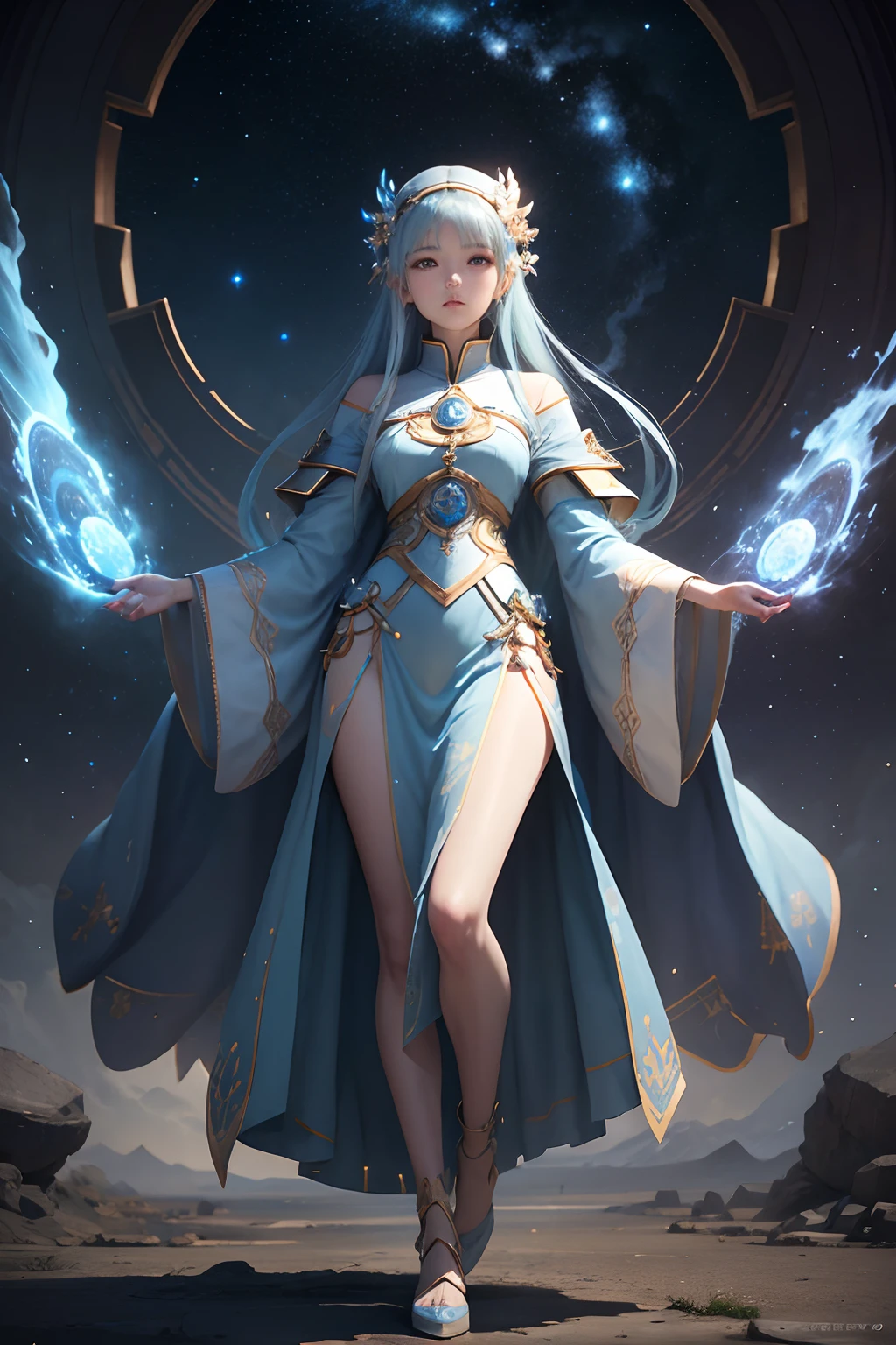 high priestess。Face forward。kawaii。Ren。Slender。Light blue clothes。Cosmic starry sky with ancient civilization on female background,中景 the scene is,Full body like, highly detailed surreal vfx,oc rendered,Shot at 70 mm - AR 16:9 --q 2 --s 1000