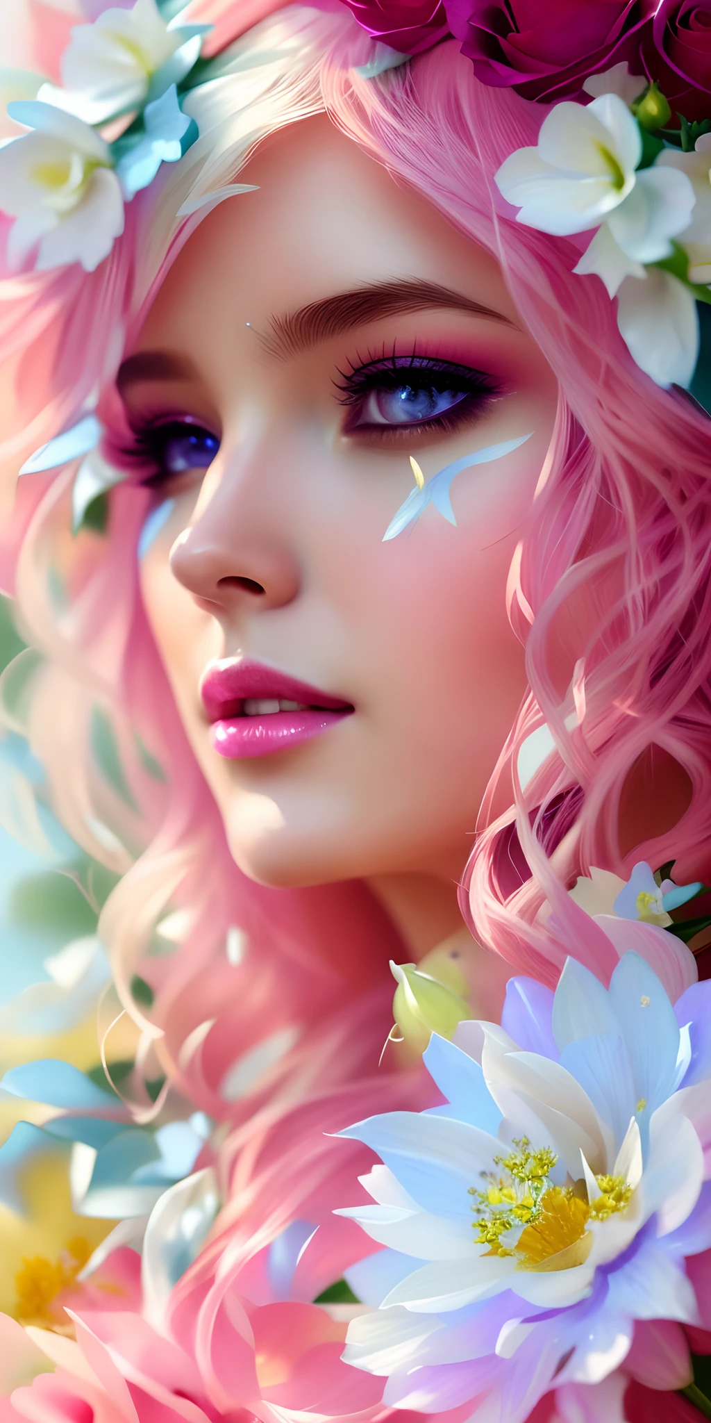 a close up of a woman with pink hair and blue eyes, glossy digital painting, gorgeous digital painting, beautiful gorgeous digital art, beautiful digital painting, realistic cute girl painting, beautiful digital art, beautiful anime portrait, soft digital painting, kawaii realistic portrait, feminine beautiful face, gorgeous digital art, realistic beautiful face, very beautiful digital art, beautiful anime face