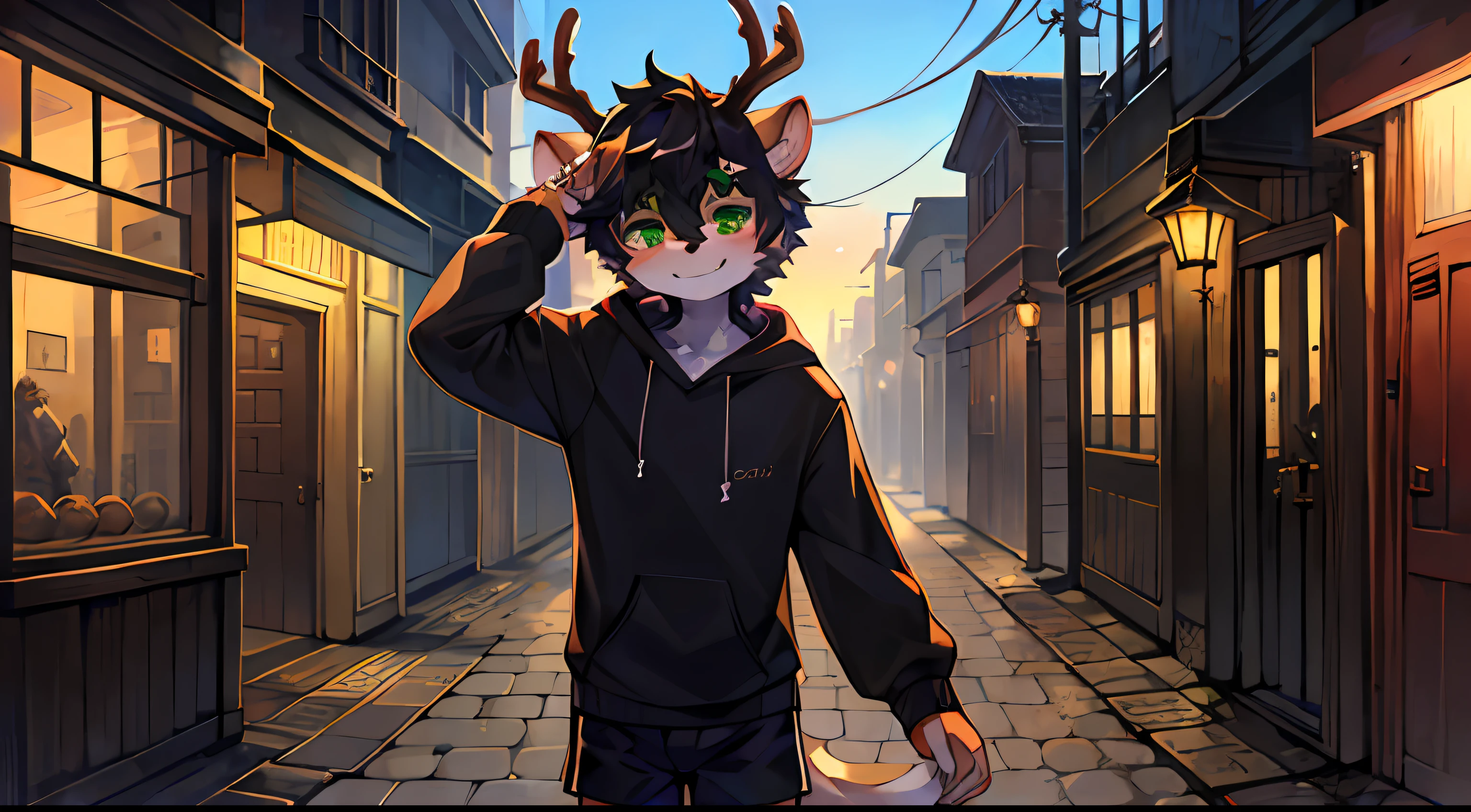 Solo dance,1boys,anthro,shaggy_Male,fawn_male year old boy,(black in color_furred),tuft,oiled_skin,short_Hair,Green_Eyes,black_Hair,Shorts,Hoodie, The upper part of the body_Body_Close-up，There are antlers on the head，cowbow_Shot，Smile with，Looking_Show on the_peeping at the viewer。 (cozily_Childhood_hides:1.5)，城市，Streets，独奏，short- sleeved，horizon，BREAK BREAK BREAK，AOEU，AOEU