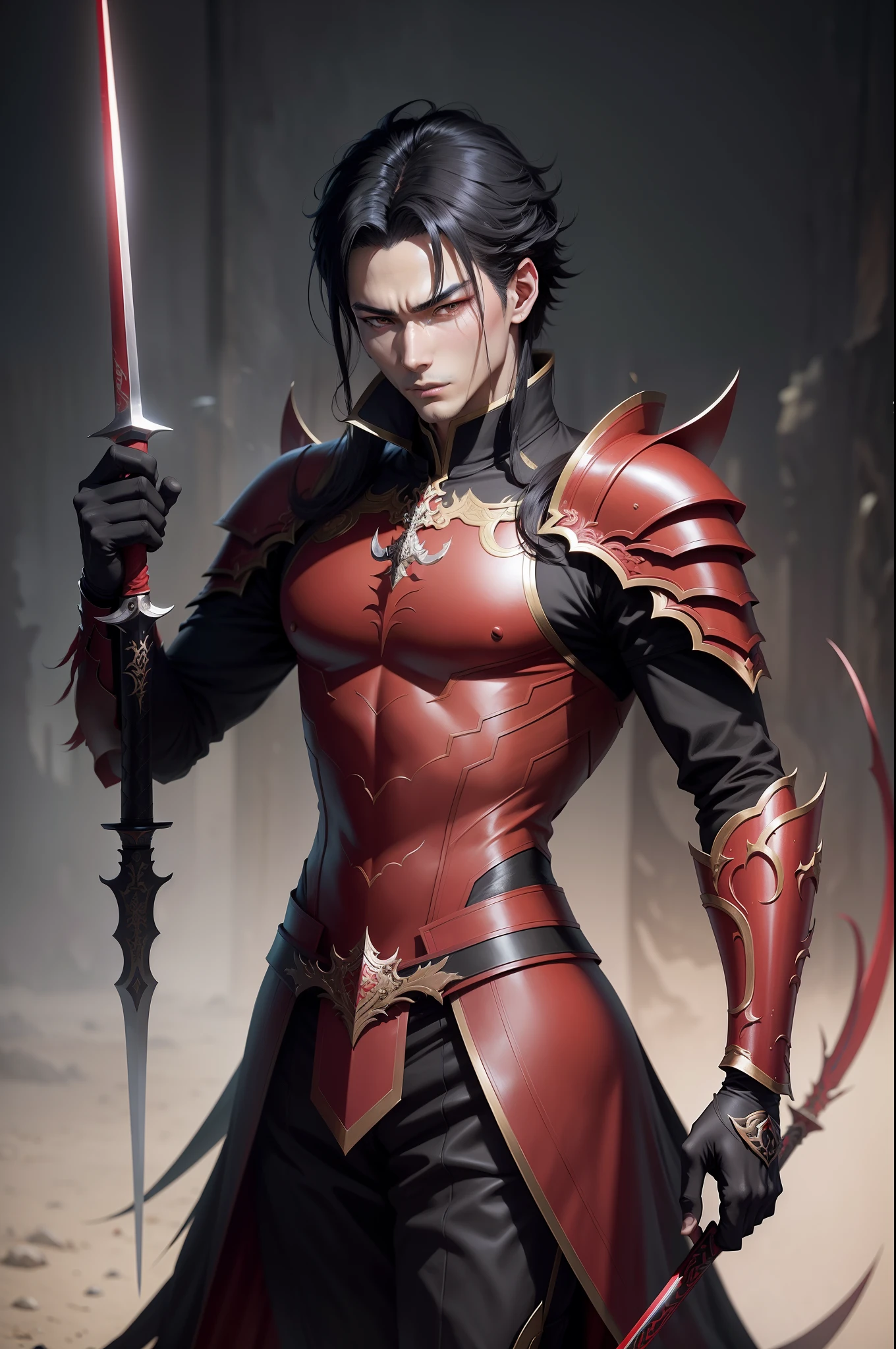 A man in a black and red costume holds a sword, by Yang J, handsome guy in demon slayer art, heise jinyao, Inspired by Hong Ren, beautiful androgynous prince, Inspired by Zhang Senyao, inspired by Yeong-Hao Han, inspired by Yang Jin, 2. 5 d cgi anime fantasy artwork