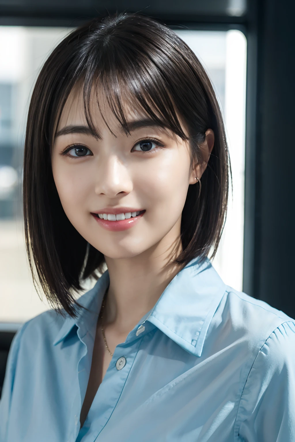 A hyper-realistic、hight resolution、8k wallpaper、ighly detailed、Best Illustration、beautifully detailed eyes、top-quality、ultra-detailliert、masterpiece、A detailed face、独奏、1 girl in、looking at the viewers、A detailed face、in the darkness nigth、A smile、short-hair、straight haired、The upper part of the body、Wearing an office shirt