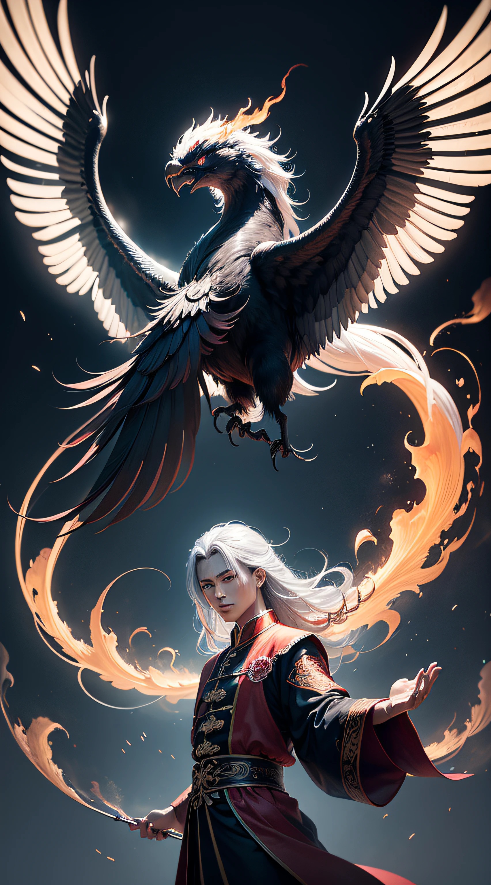 China-style,中景 the scene is,The Taoist priest stood in front of the huge firebird with spread wings,Stretch your hands,Long messy hair,Glow effects,Hyper-realistic,Ultra photo realsisim,Chinese black and white ink style,Silver,Decolorization,Smudge,ink,8K,super-fine,high qulity,(((OC renderer)))