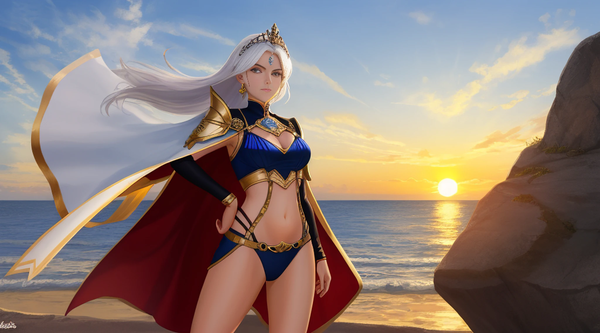 1 mulher elfa alta, de cabelo branco e bonita, melhor qualidade, (beleza), cintura estreita, magro, olhos grandes, pernas longas, (seios pequenos), olhos inchados, de frente ao penhasco, fim de tarde, (sun sunset), de frente para o espectador, postura de luta, (segurando uma espada e um escudo), a cold expression, armadura de dourada da rainha por todo o corpo