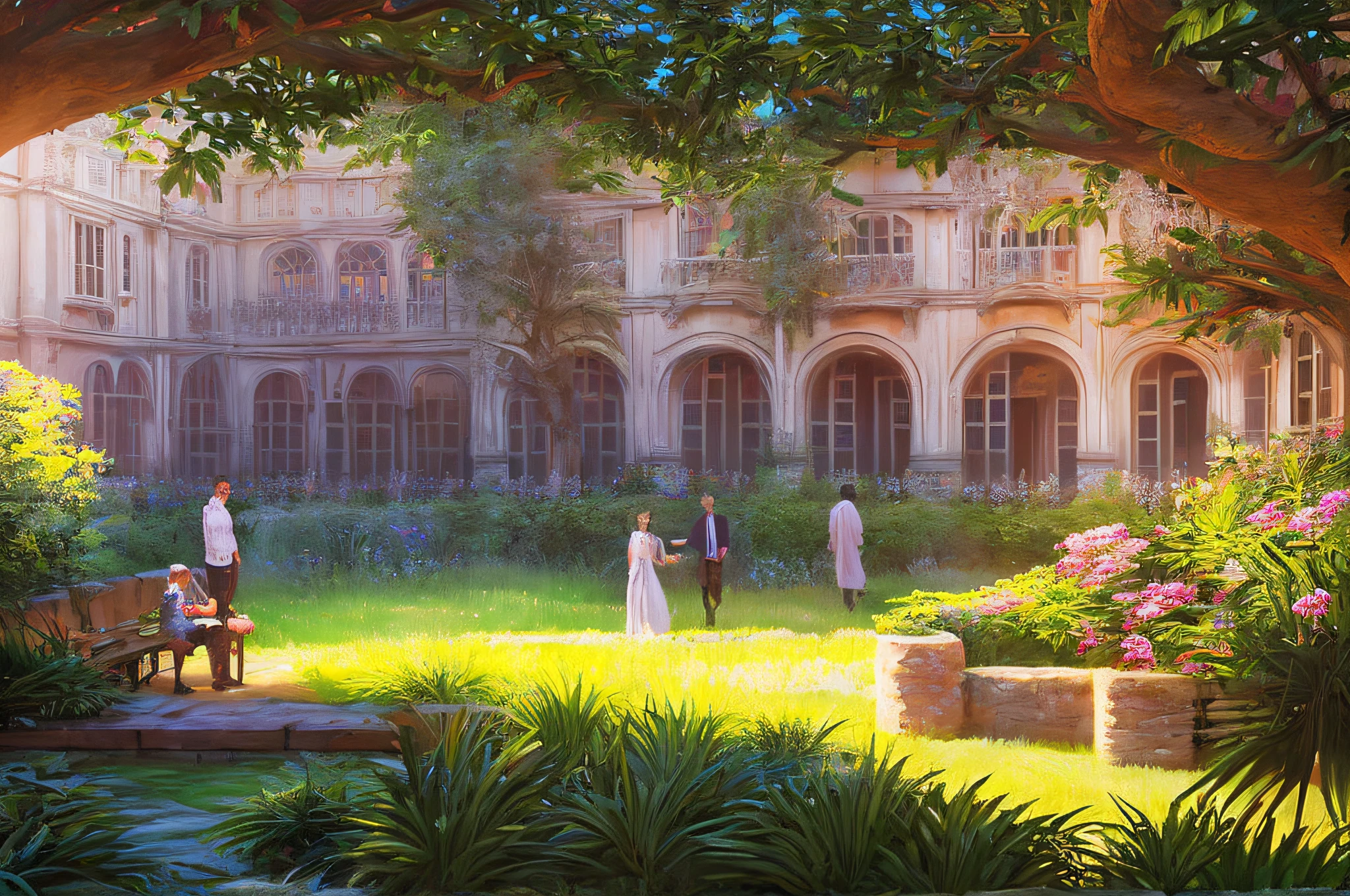 scene of a courtyard, 3 people, tranquil grass, sunlight, glow, scenery concept art, overgrowth. by Renoir , relaxing concept art, traditional classic concept art, a beautiful artwork illustration. high detail, background art, detailed concept art, environment design illustration, concept art highly detailed