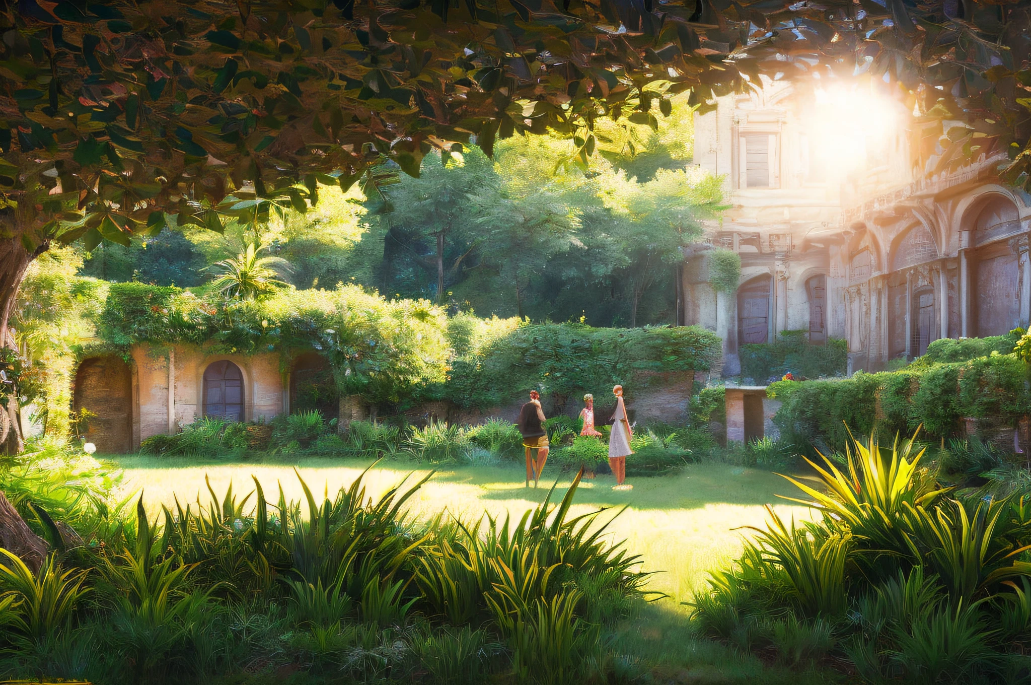 scene of a courtyard, 3 people, tranquil grass, sunlight, glow, scenery concept art, overgrowth. by Renoir , relaxing concept art, traditional classic concept art, a beautiful artwork illustration. high detail, background art, detailed concept art, environment design illustration, concept art highly detailed