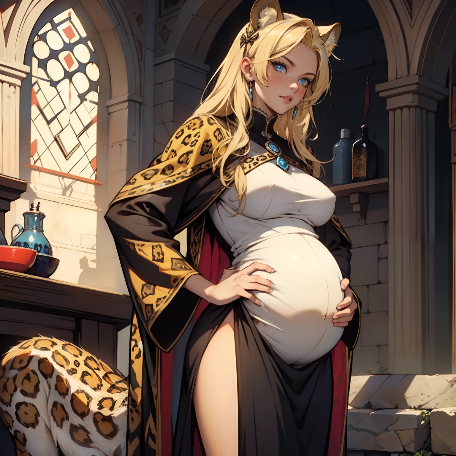 Leopard Woman. Medieval art. Blue Eyes. Blonde Hair. Pregnant. Leopard ears. Alone, perky breasts