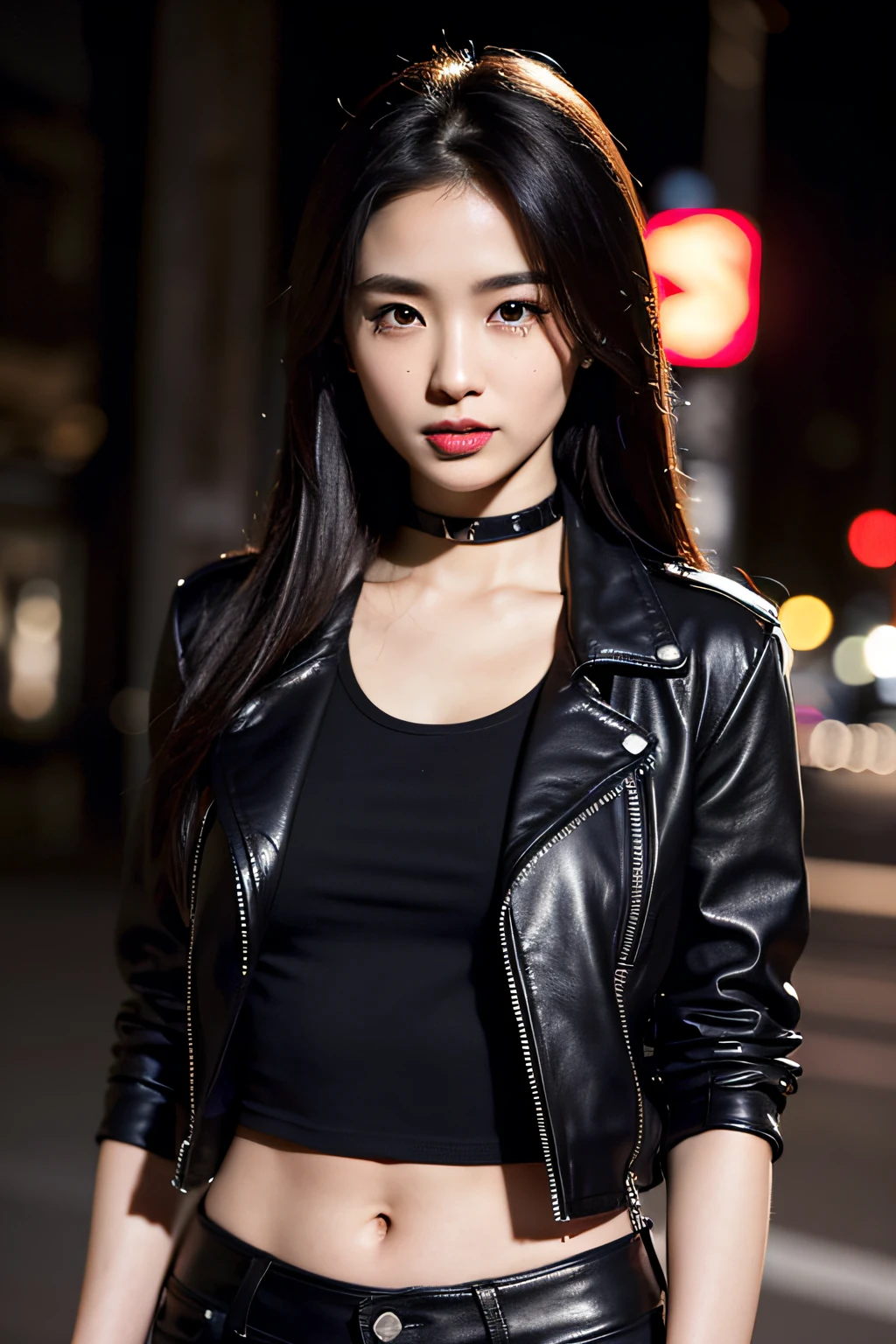 Upper body focus, portrait, Japanese girl, slightly tanned skin, 8k, highly detailed skin, brown almond eyes, (thin:1.2), feminine style, one girl, long straight black hair, black tank top, camera gaze, night cityscape, blurry background, midriff, red lips, (32 years old), (black leather jacket:1.2), black choker, black eyeliner, navel, (black clothes:1.2), (photorealistic:1.4), professional lightning, (playing black les paul guitar:1.2),