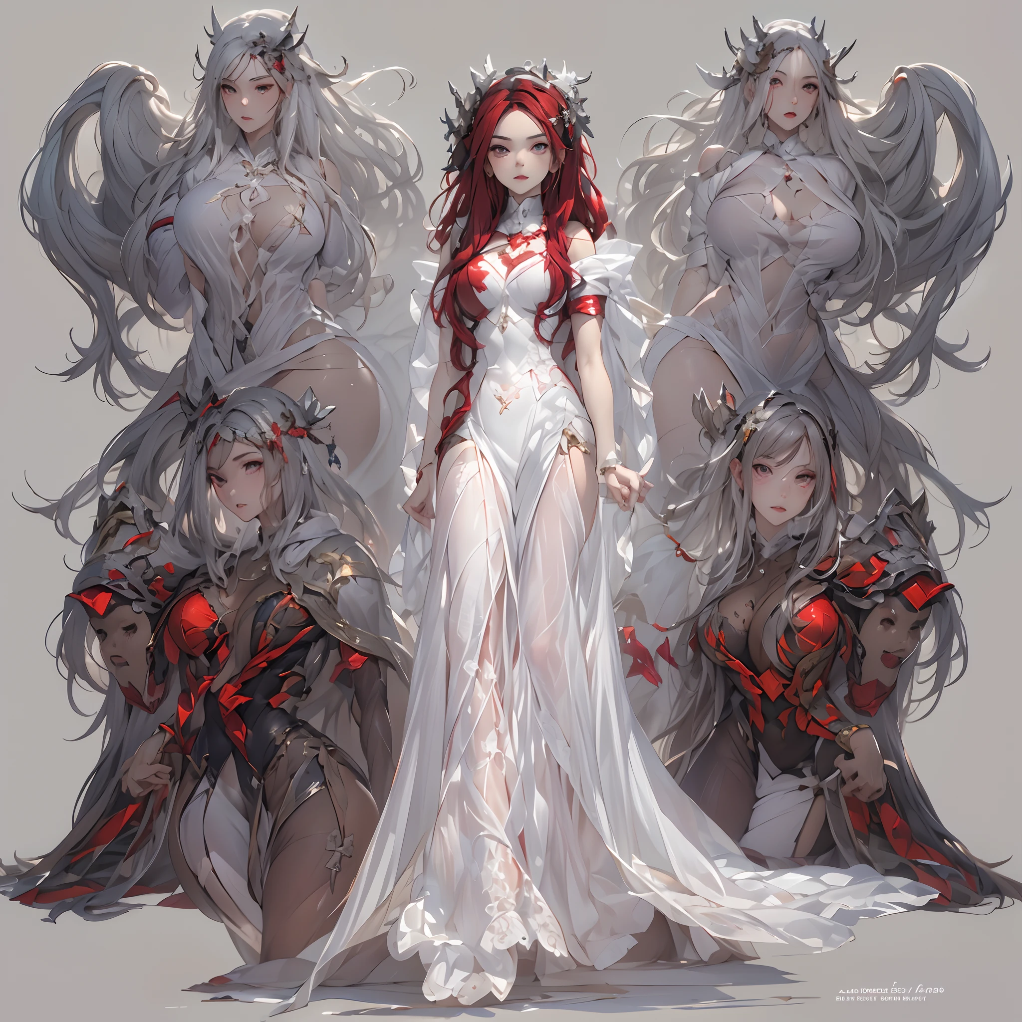 ((Masterpiece, Highest quality)), perfectly proportions，CharacterDesignSheet，full bodyesbian, Full of details, White background，Dark style，Beautiful age girl，Gradient hair color，Vampires，Detailed eyes, ssee-through，Red wedding dress，lacepantyhose，Cloud decoration，High Balance, Overhead halo，Natural light