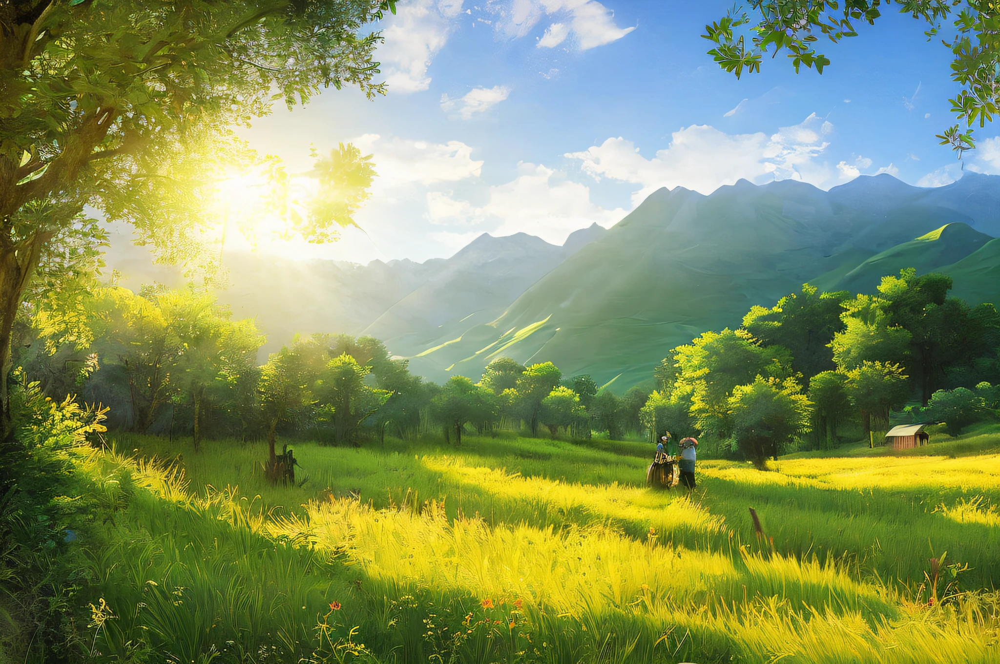 scene of a pasture, 3 people, tranquil grass, sunlight, glow, scenery concept art, overgrowth. by Renoir , relaxing concept art, traditional classic concept art, a beautiful artwork illustration. high detail, background art, detailed concept art, environment design illustration, concept art highly detailed