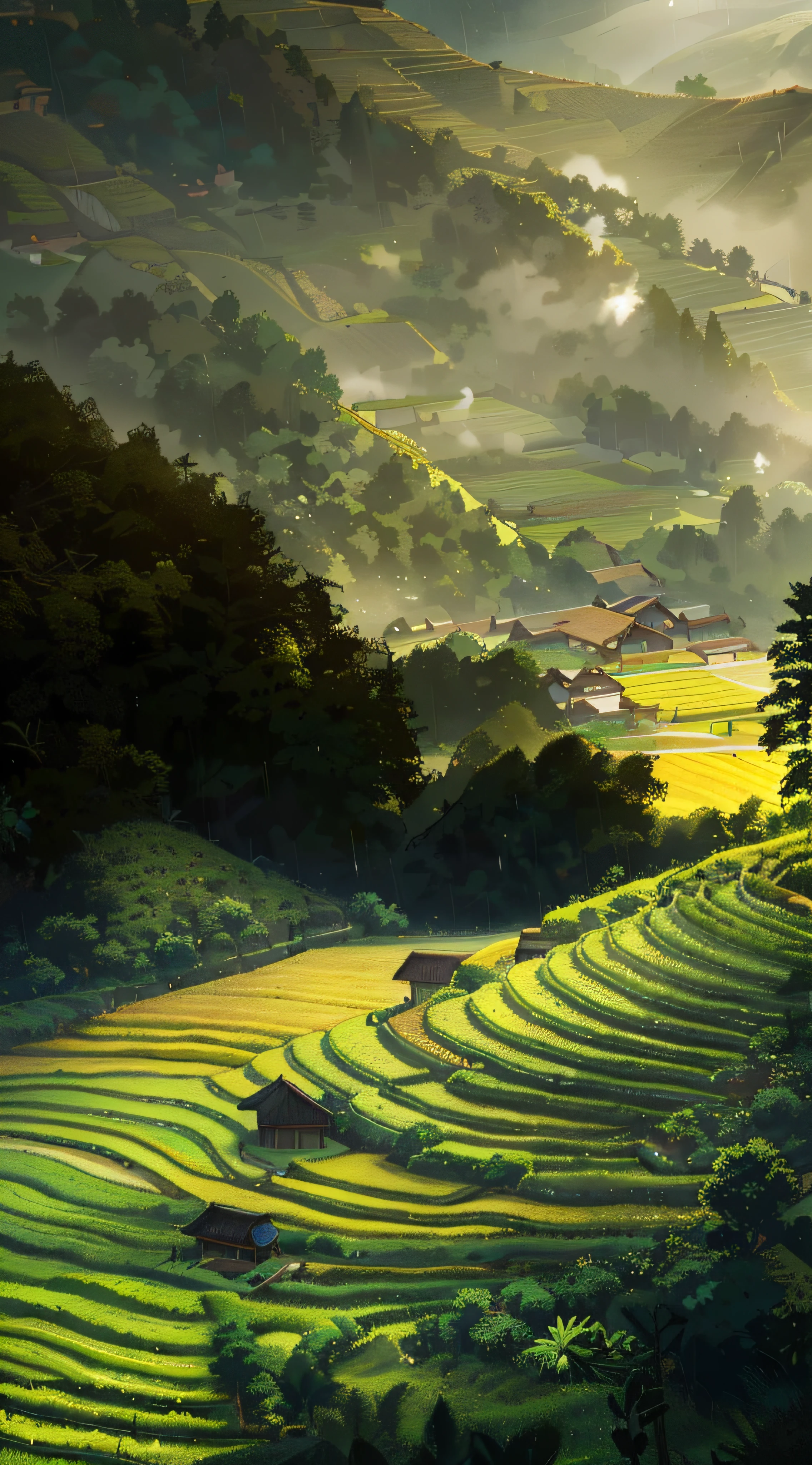 Large expanses of terraced fields, mountains, huts, with rice fields, rice fields, neat rice seedlings in the fields, misty rain, villages, agriculture, in the tranquil landscape, misty weather, in the vast tranquil landscape, in the early morning, in the morning mist, behind a small village, mist, Japanese countryside, thatched roofs --v 6