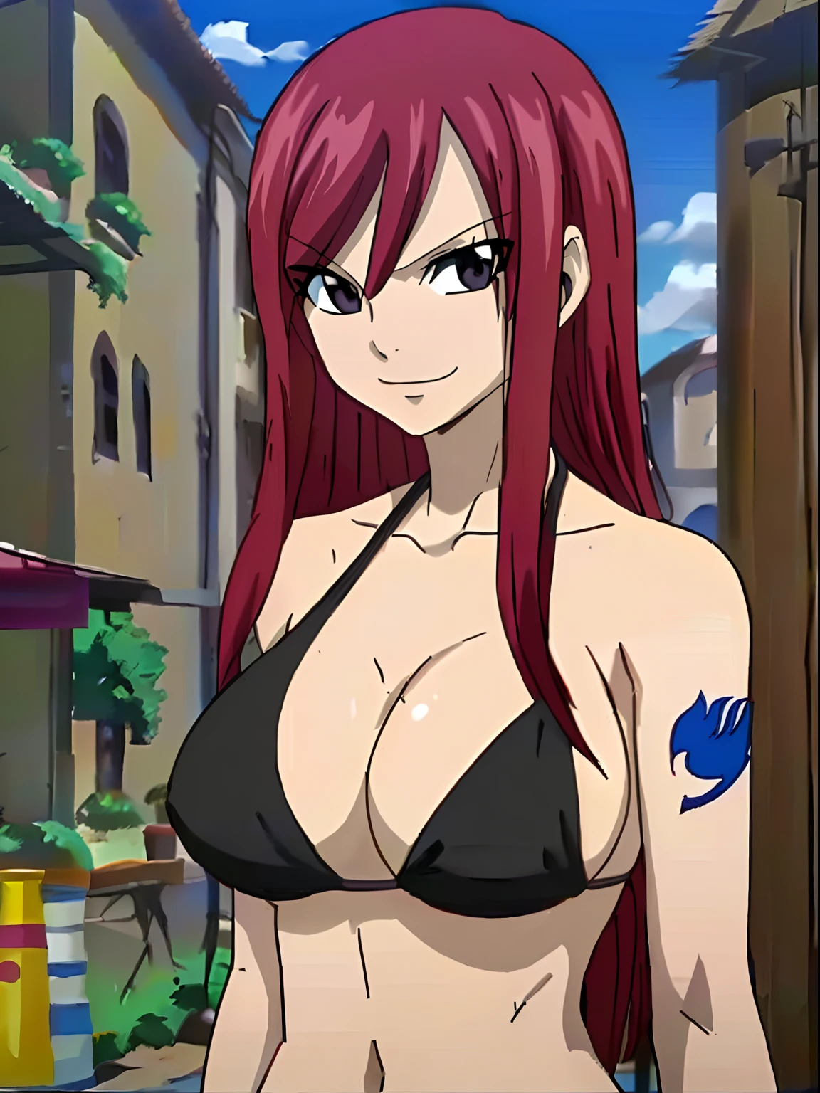 Scarlet erza, (tiny black bikini only), adult woman, big breasts, standing, cowboy shot, best quality, ((right shoulder)), slightly strong arms, looking at viewer, left shoulder tattoo, big smile, perfect body