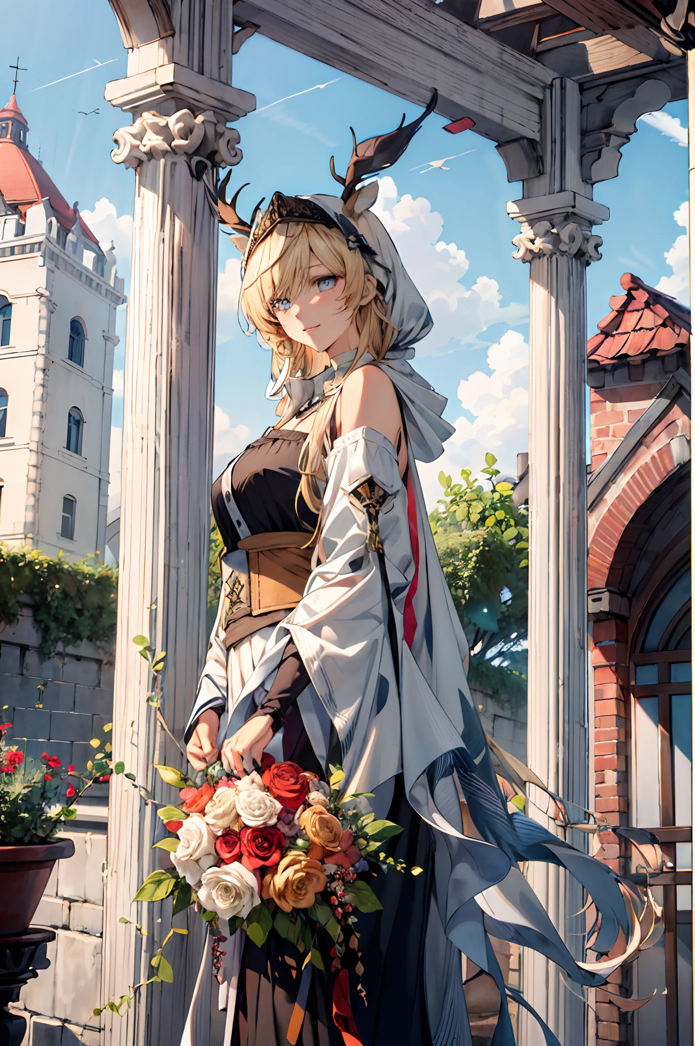 (((Masterpiece))),(incredibly_absurderes),(Best quality),(A high resolution),(Highly detailed),((CG unity 8k wallpaper))，(tmasterpiece、top-quality、illustratio、Extremely high quality、high-level image quality、Extremely sensitive writing)Blonde girl standing in beautiful garden、A slight smile、She has a large bouquet、Cute national costume style dress，There are ruffles on the shoulders、Hair fluttering in the wind