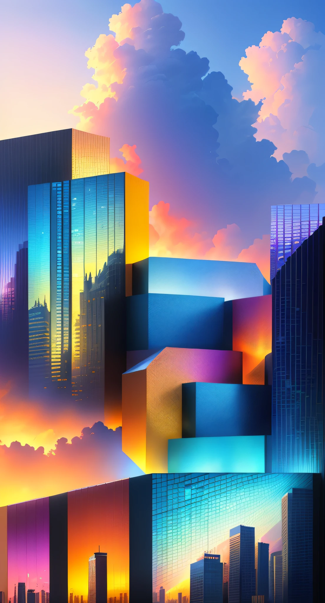 (Best quality,8K, high resolution, Masterpiece :1.2), ultra - detailed, Colorful architecture, Colorful, Blue skies, Lots of architectural details, Breathtaking cityscape, Towering buildings, A marvel of modern architecture, Stunning visual composition, An architectural masterpiece in every detail.