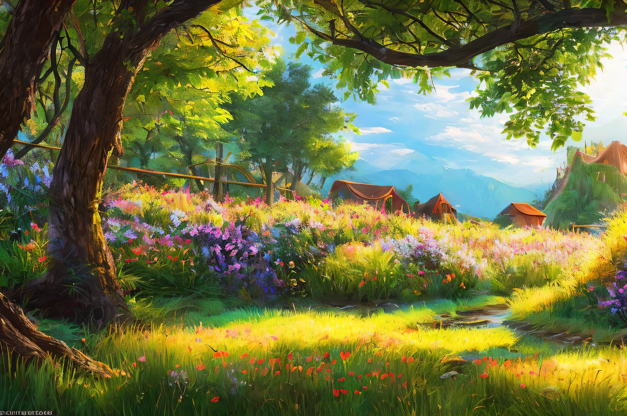 scene of a amusement park, 3 people, tranquil grass, sunlight, glow, scenery concept art, overgrowth. by Renoir , relaxing concept art, traditional classic concept art, a beautiful artwork illustration. high detail, background art, detailed concept art, environment design illustration, concept art highly detailed