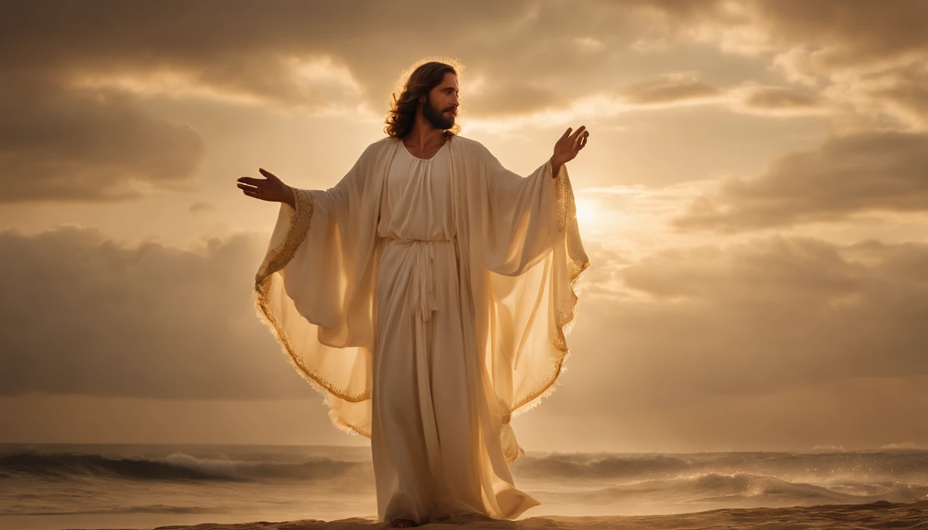 (Altas,master part:1.2),detailed portrait of Jesus Christ descending from the heavens arms open amid clouds among angels playing harps on the beach,Retratos,Realistic,soft golden lighting,tons de cores quentes,ondas cintilantes,atmosfera celestial,detailed facial features,aura sagrada,serene expression,vestes sagradas,arms extended,halo,Asas Angelicais,harmonious composition,Peaceful and Divine Scenery,palmeiras verdes exuberantes,Costa arenosa,ethereal glow,raios de sol atravessando nuvens