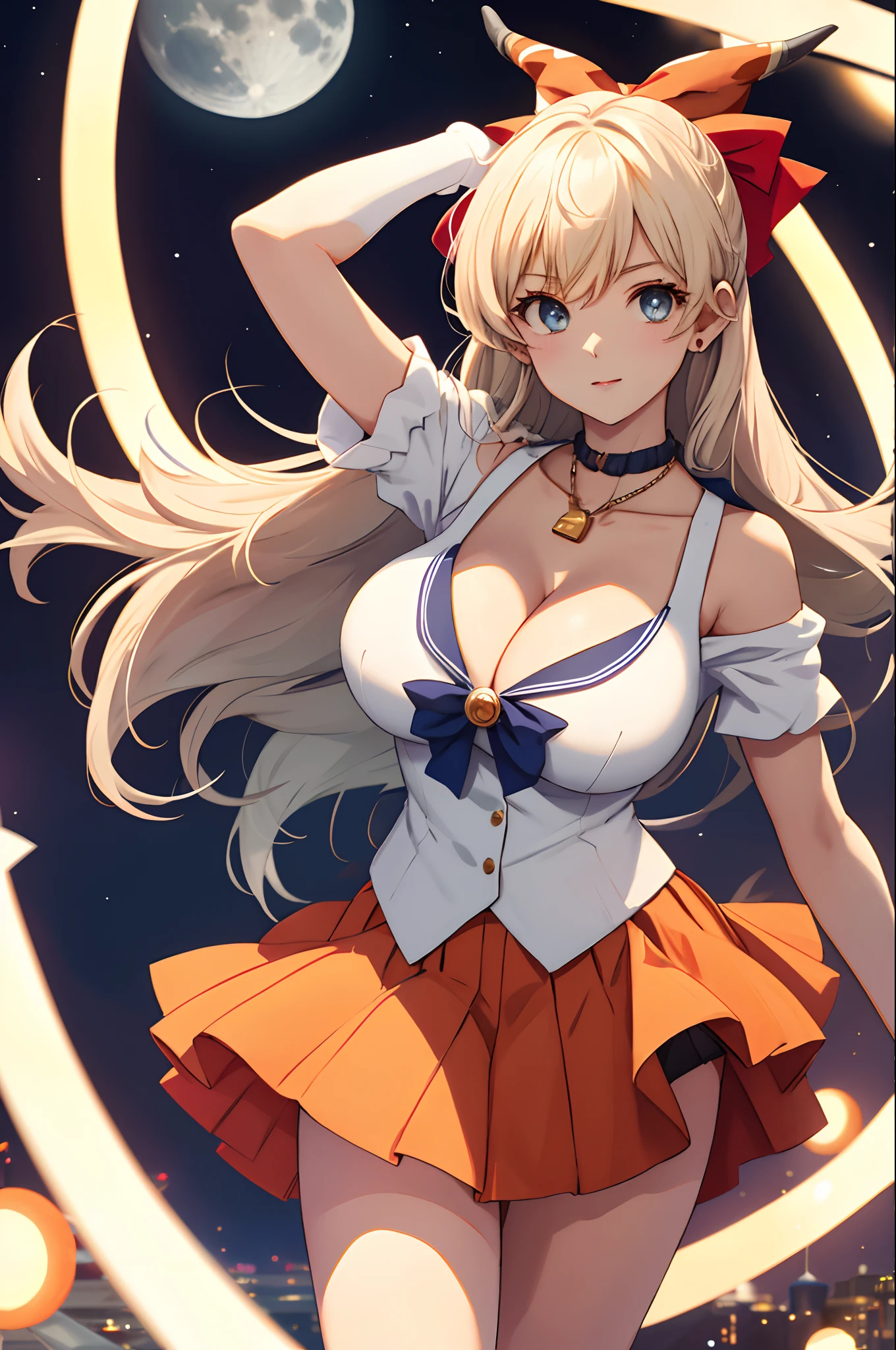 tmasterpiece, Best quality at best, A high resolution, SV1,Off-the-shoulder attire,Large breasts,cleavage,Off-the-shoulder sailor Morishi uniform, orangeskirt, gloves on the elbow, head gear, pleatedskirt, mini-skirts, Red bow, Orange necklace, whitegloves, jewely, 城市, the night, themoon, cow boy shot, standing on your feet,sportrait