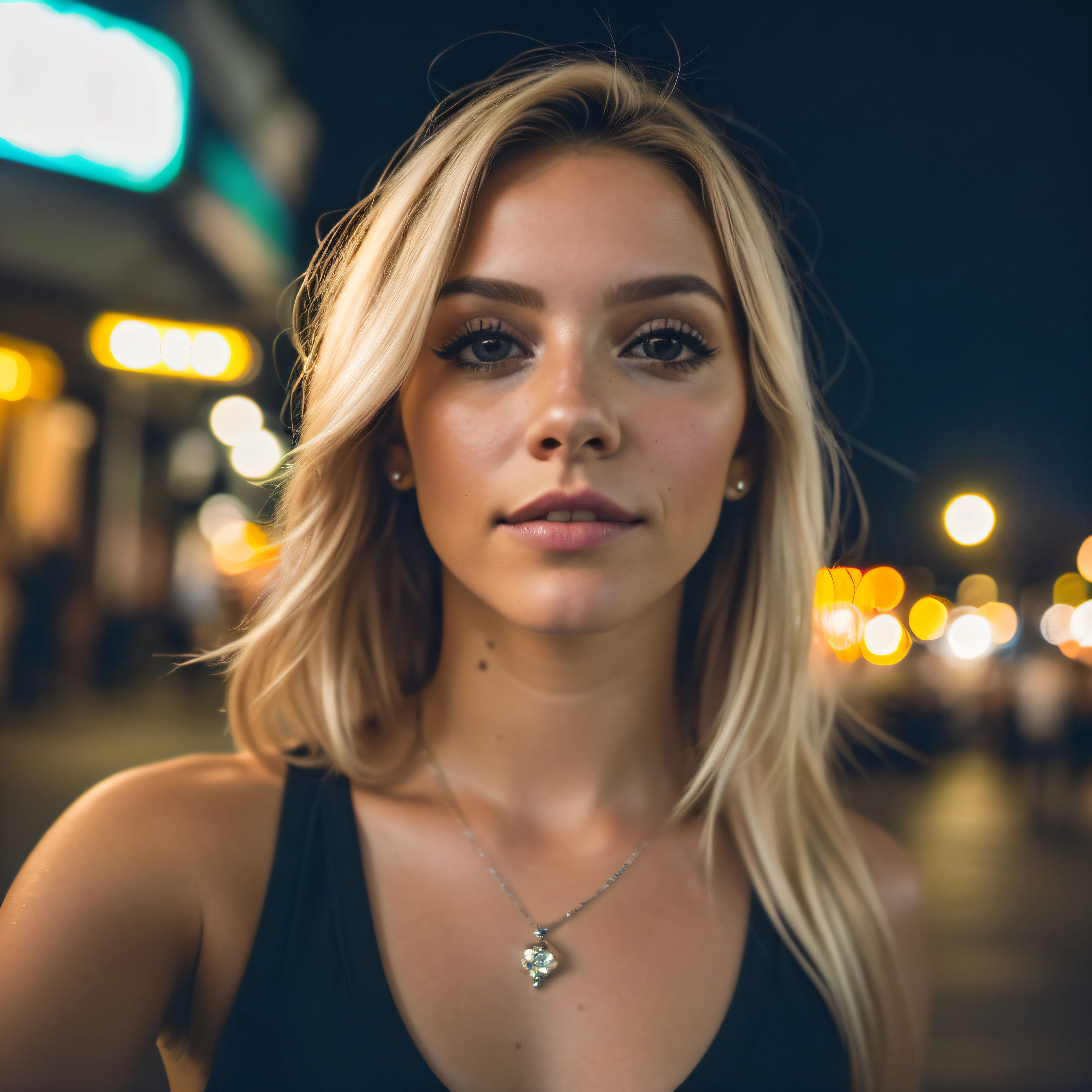 (Selfie, Vista superior: 1.4), (mitad recta del cuerpo: 4.4), RAW uhd portrait photo of a 24 year old blonde (Mujer de ojos cafes) Caminando por la discoteca, senos grandes,, Ciudad de noche, (lencere), (escote), Detalles (Texturas! , cabello! , brillar, Color!! , Desventajas: 1.1), ojos brillantes con alto detalle (Looking at the camera), SLR lighting, SLR camera, Ultra calidad, agudeza, Profundidad de campo, Film grain (centro), Fujifilm XT3, Cristalina, Centro del marco, Cara hermosa, foco nítido, farola, Neon lighting, Bokeh (Poca luz), Noche, (cielo nocturno), poros detallados de la piel, piel grasa, quemadura, Detalles oculares complejos, cuerpo completo